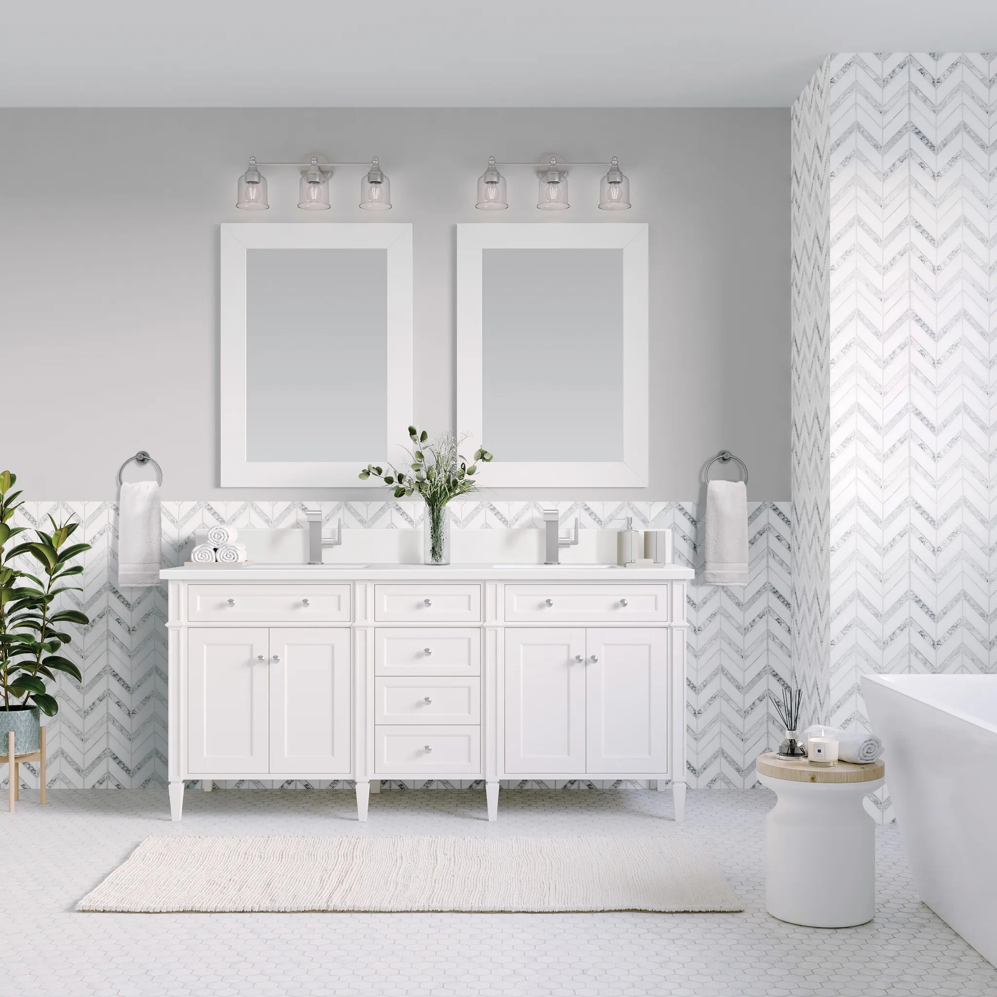60" Brittany Double Vanity in Bright White Vanity-White Zeus Silestone & Backsplash-Single Hole image 1