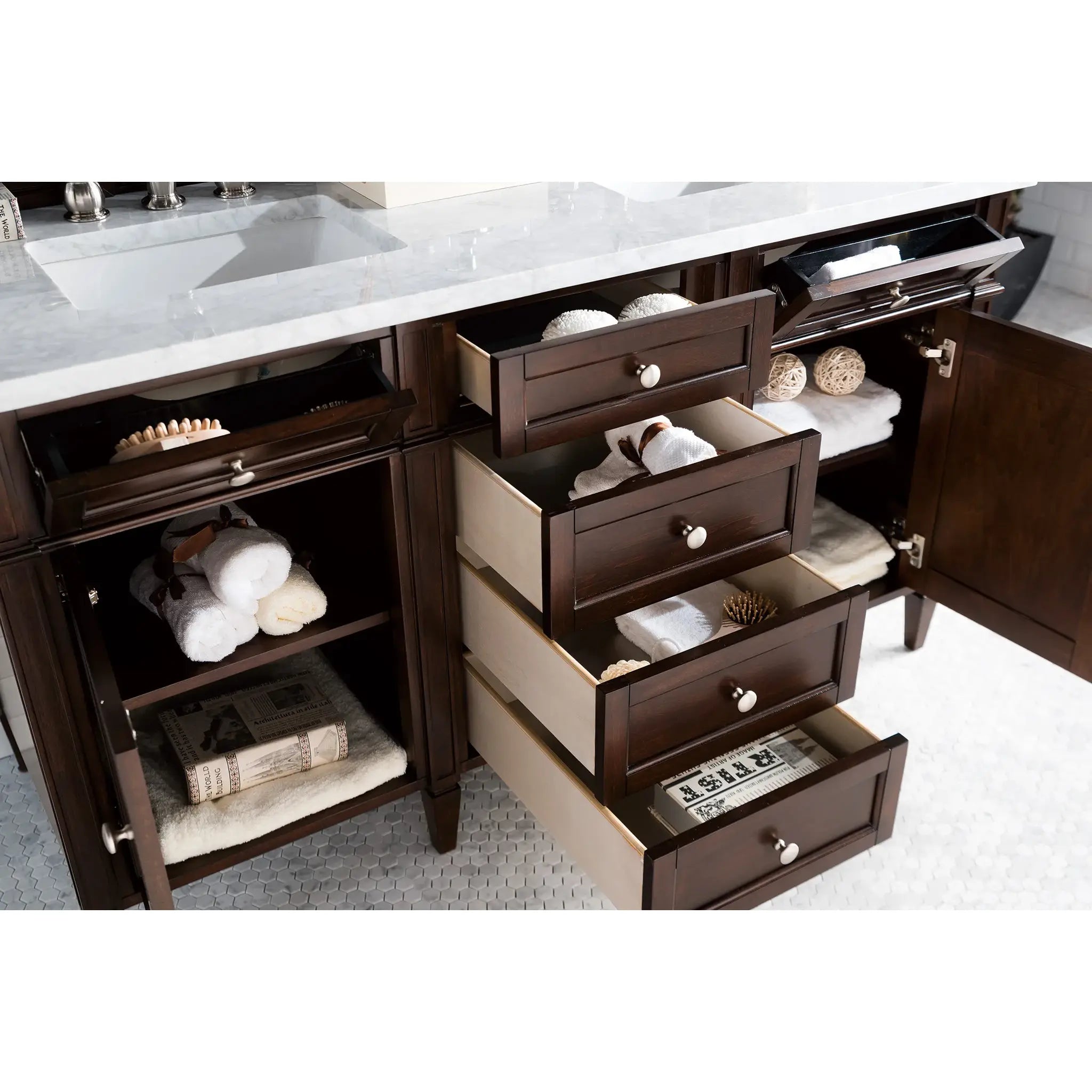 60" Brittany Double Vanity in Burnished Mahogany-Carrara White Marble-8" Widespread image 3