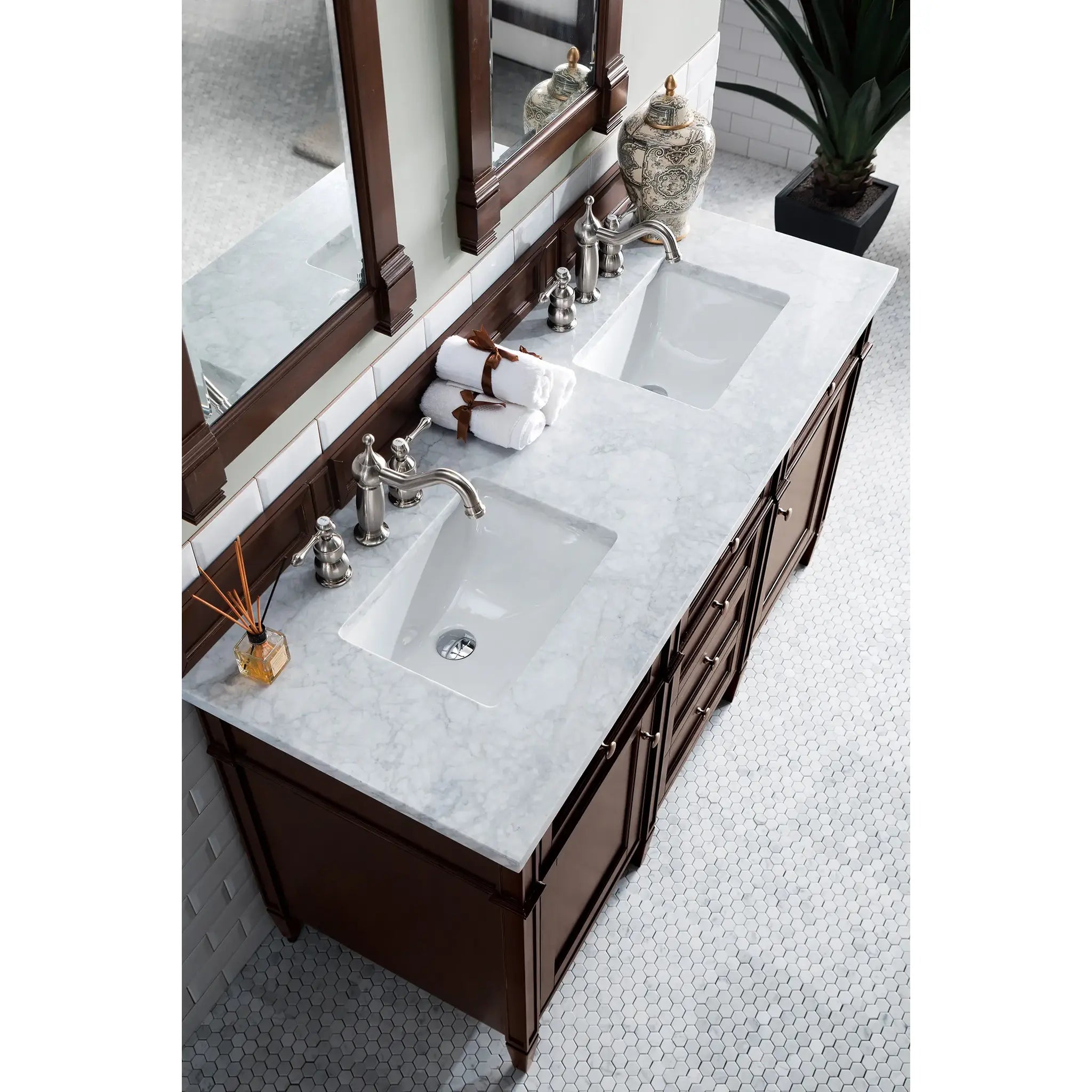 60" Brittany Double Vanity in Burnished Mahogany-Carrara White Marble-8" Widespread image 4