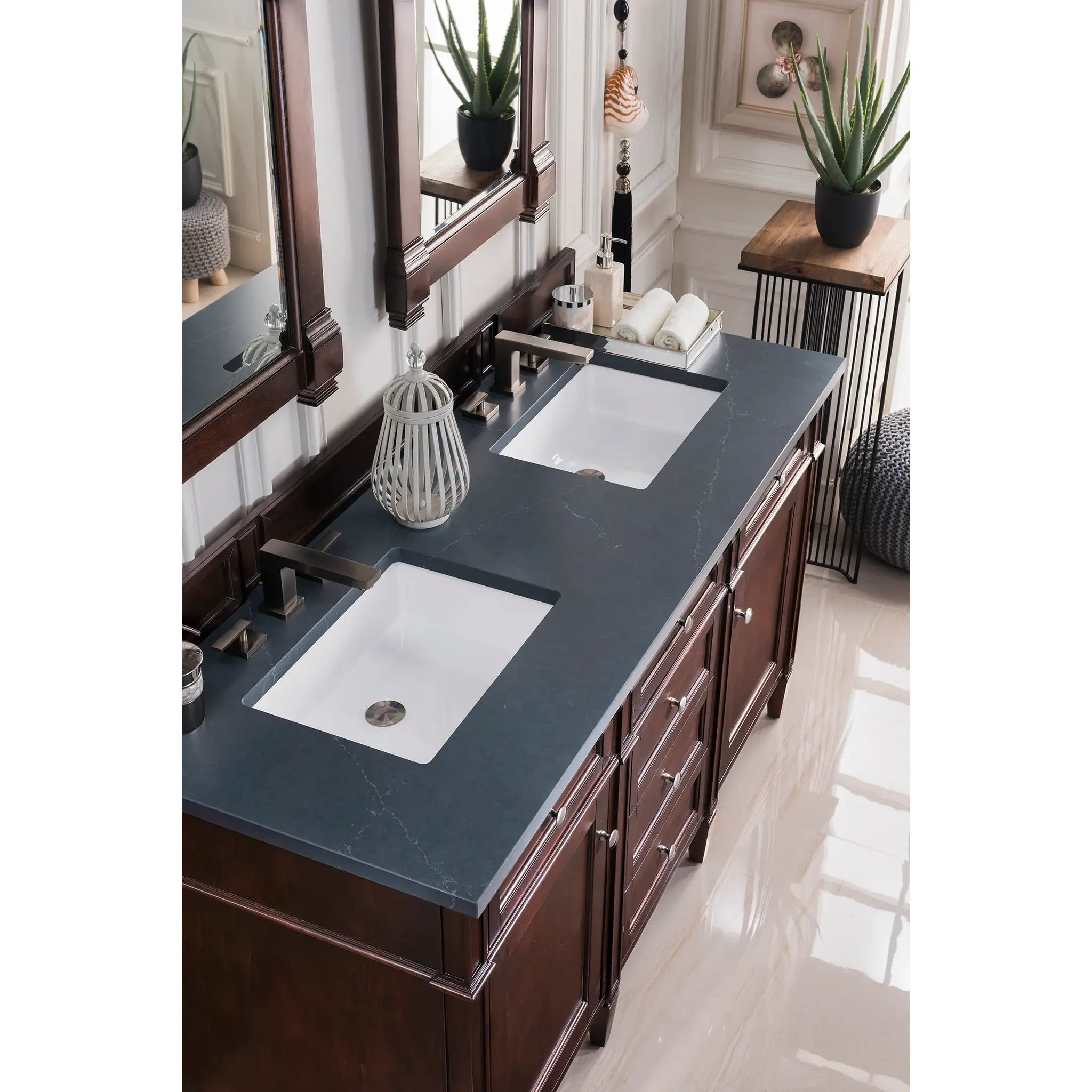 60" Brittany Double Vanity in Burnished Mahogany-Charcoal Soapstone Silestone-8" Widespread image 2