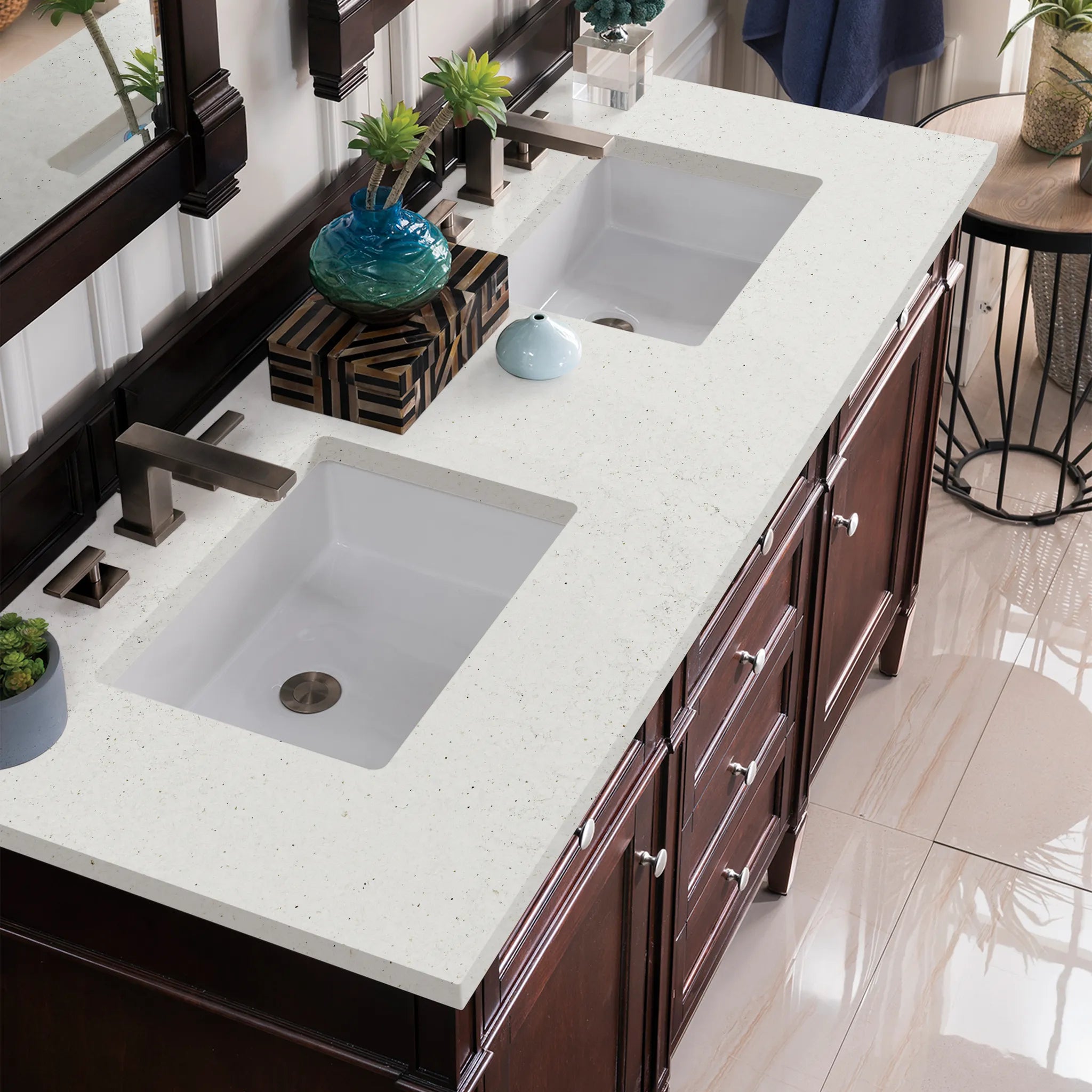 60" Brittany Double Vanity in Burnished Mahogany-Lime Delight Silestone-8" Widespread image 4
