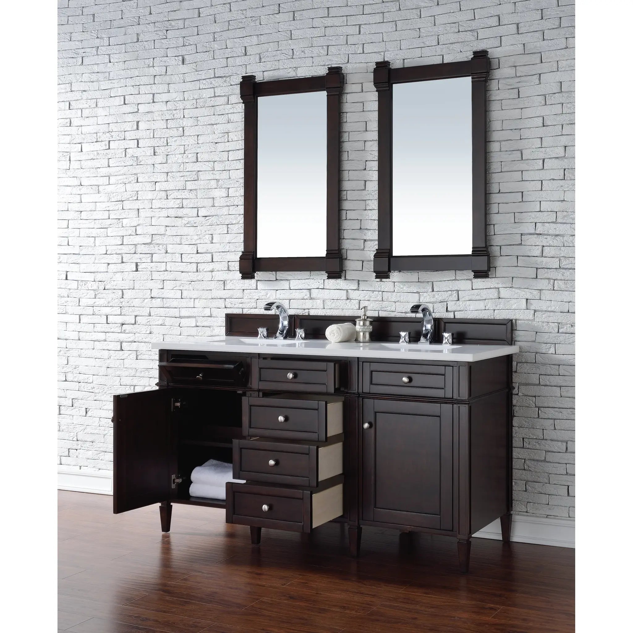 60" Brittany Double Vanity in Burnished Mahogany-White Zeus Silestone-8" Widespread image 3