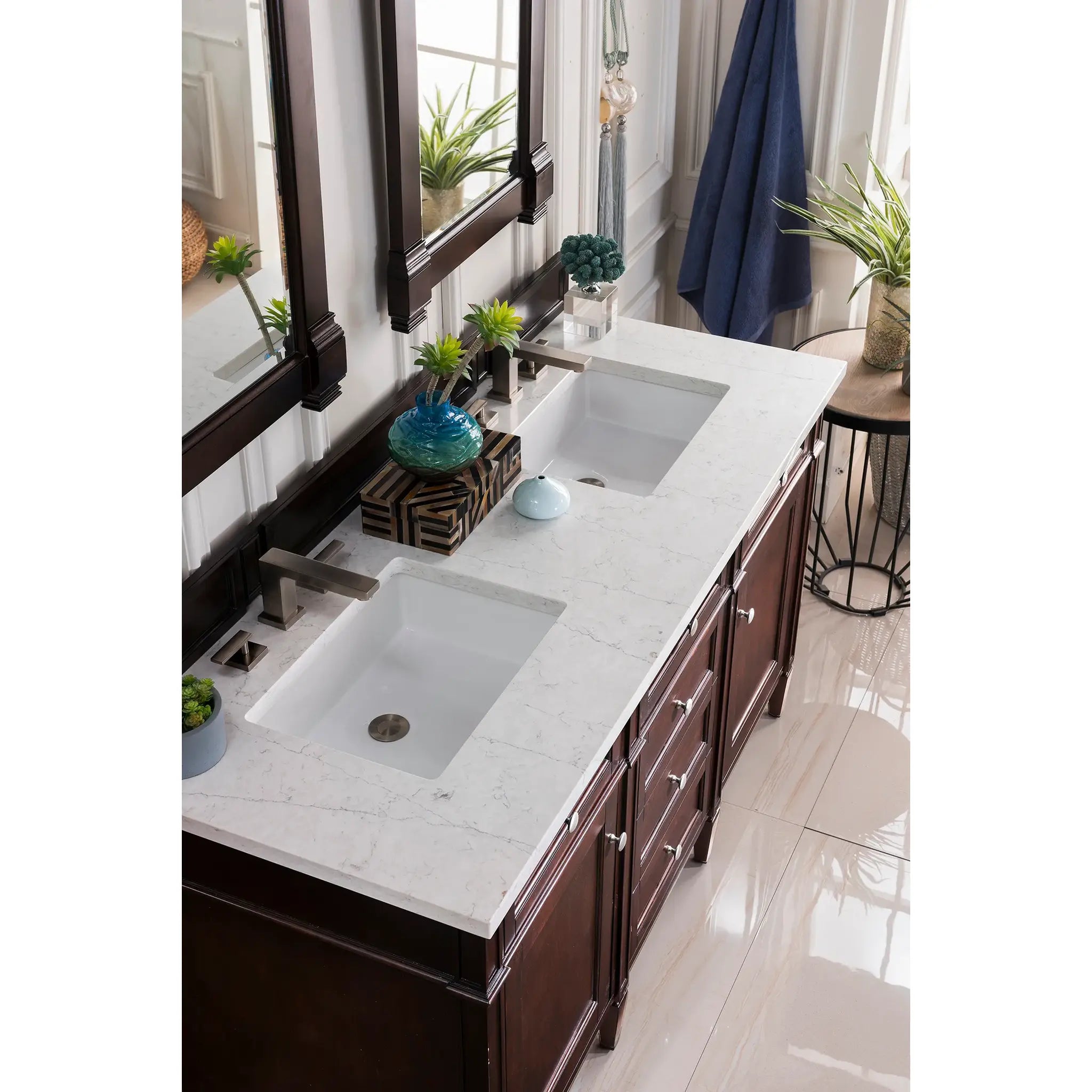60" Brittany Double Vanity in Burnished Mahogany Wireless Charger-Eternal Jasmine Pearl Silestone-8" Widespread image 5
