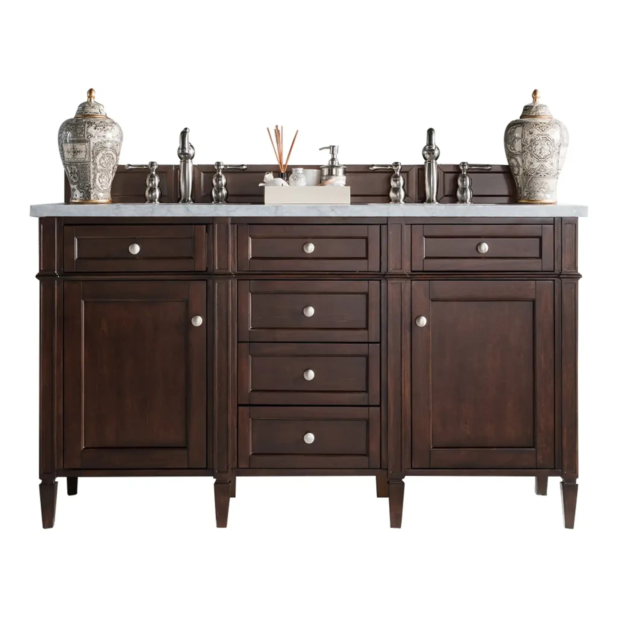 60" Brittany Double Vanity in Burnished Mahogany Wireless Charger-Eternal Jasmine Pearl Silestone-8" Widespread image