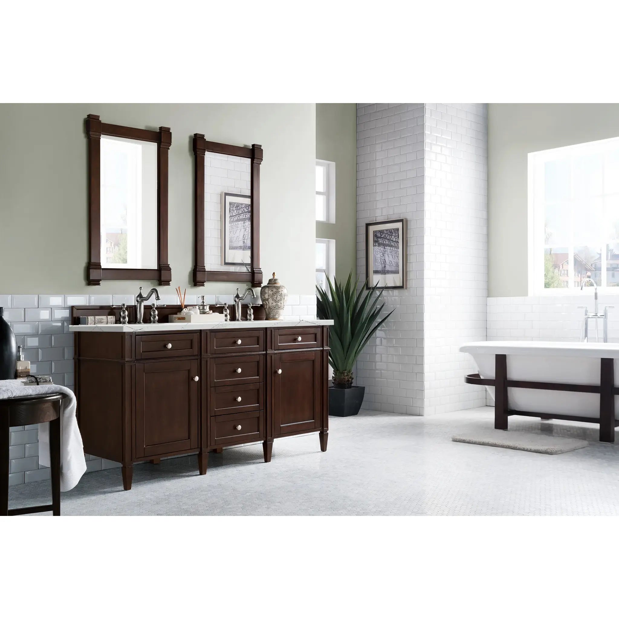 60" Brittany Double Vanity in Burnished Mahogany Wireless Charger-Ethereal Noctis Silestone-8" Widespread image 5
