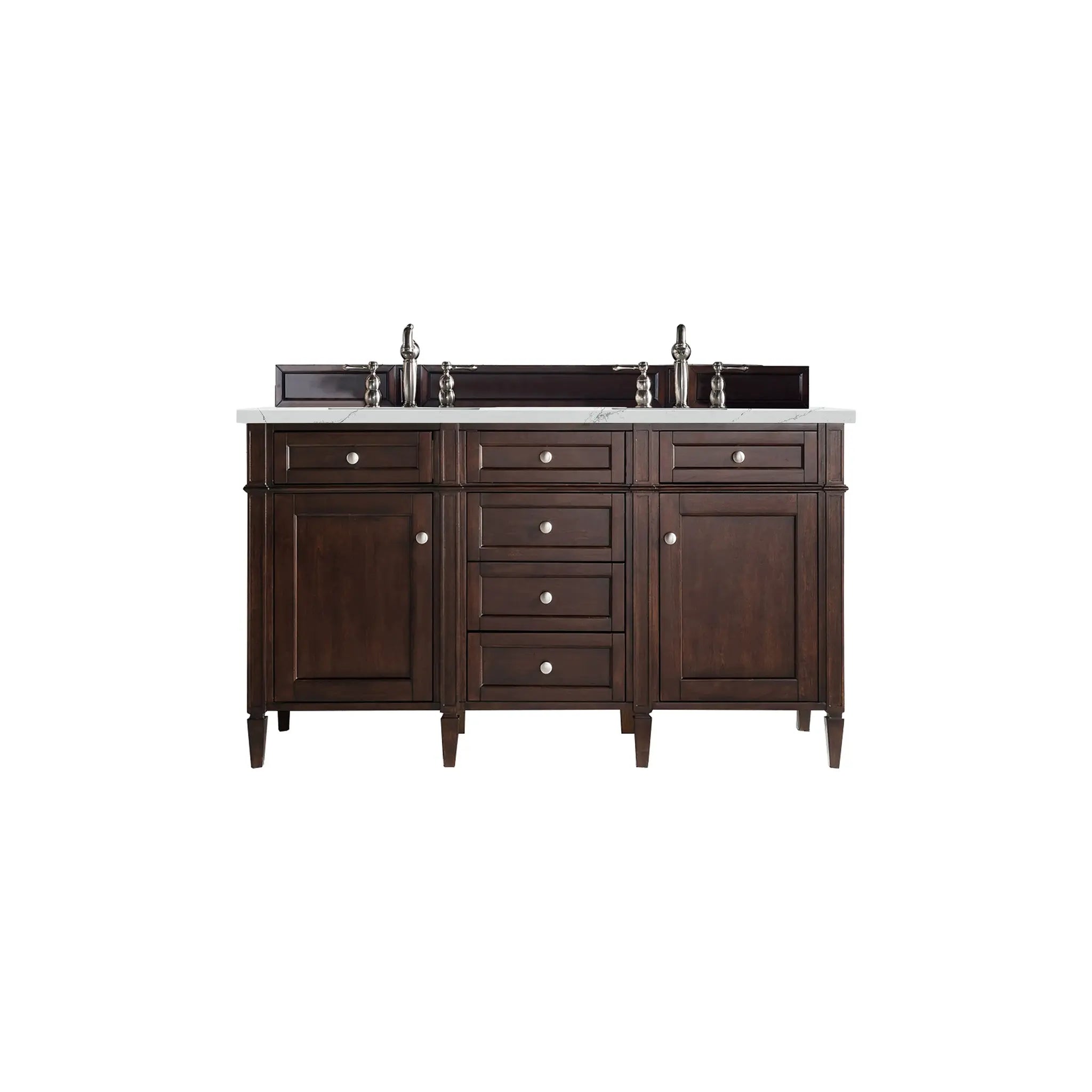 60" Brittany Double Vanity in Burnished Mahogany Wireless Charger-Ethereal Noctis Silestone-8" Widespread image