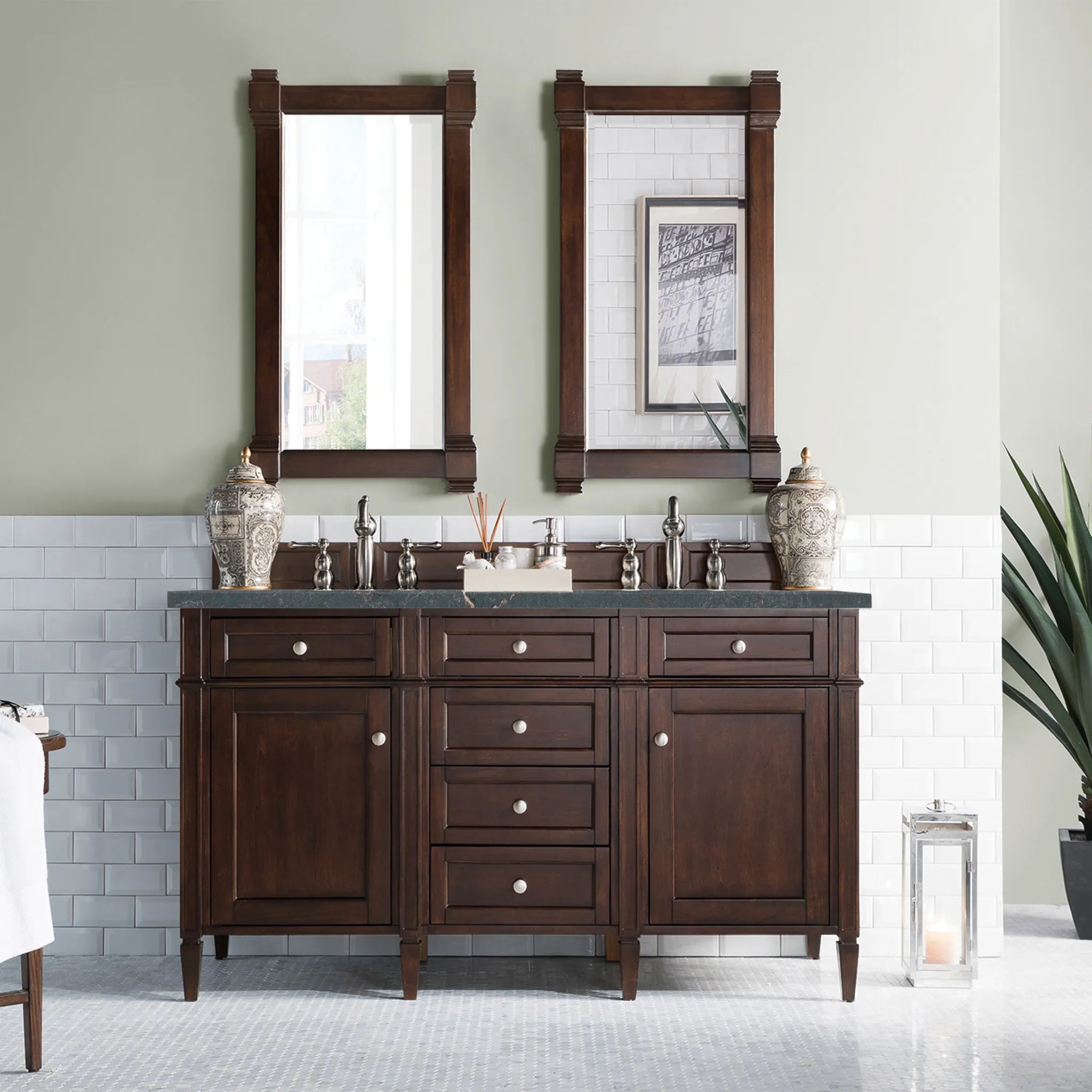 60" Brittany Double Vanity in Burnished Mahogany Wireless Charger-Parisien Bleu Silestone-8" Widespread image 4