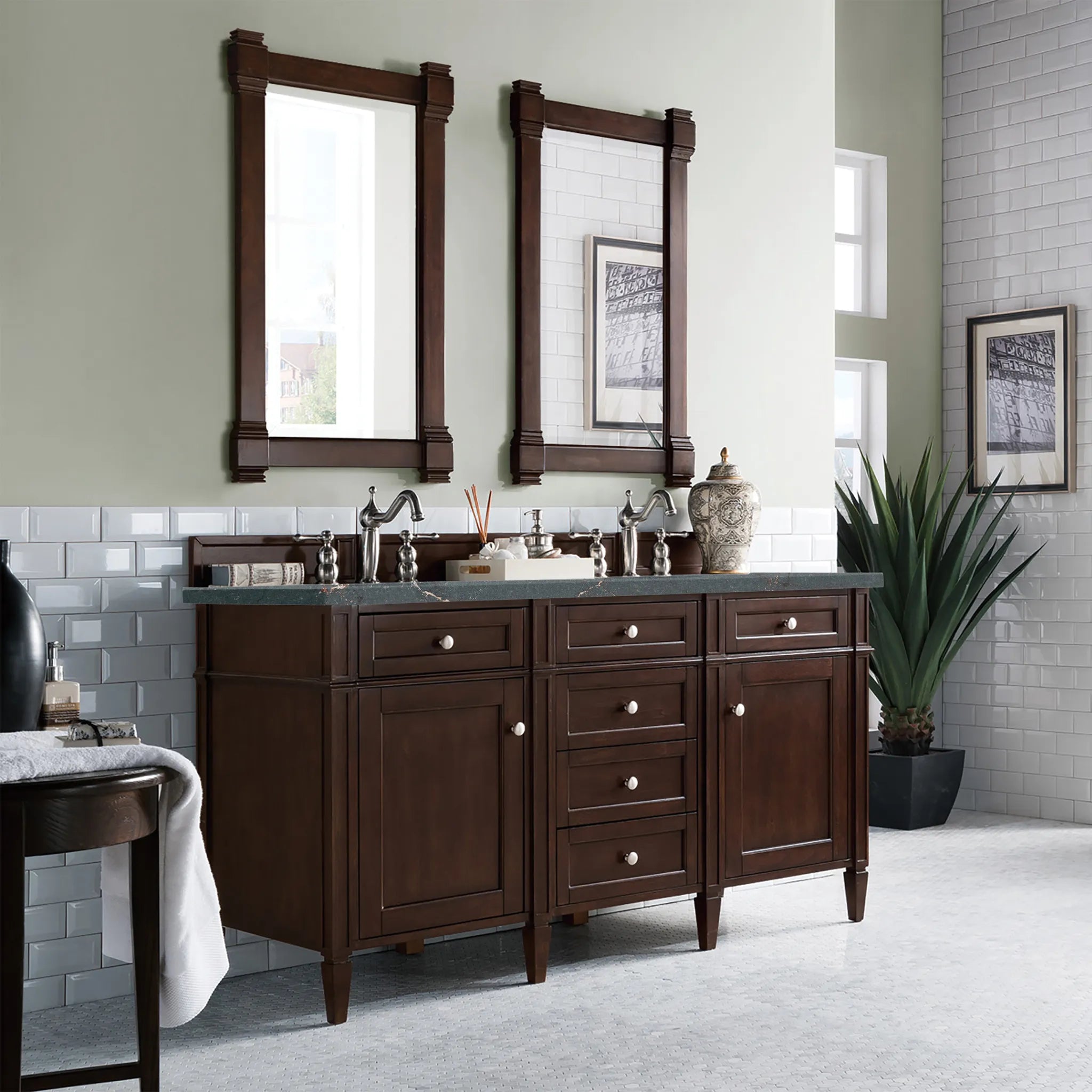 60" Brittany Double Vanity in Burnished Mahogany Wireless Charger-Parisien Bleu Silestone-8" Widespread image 5