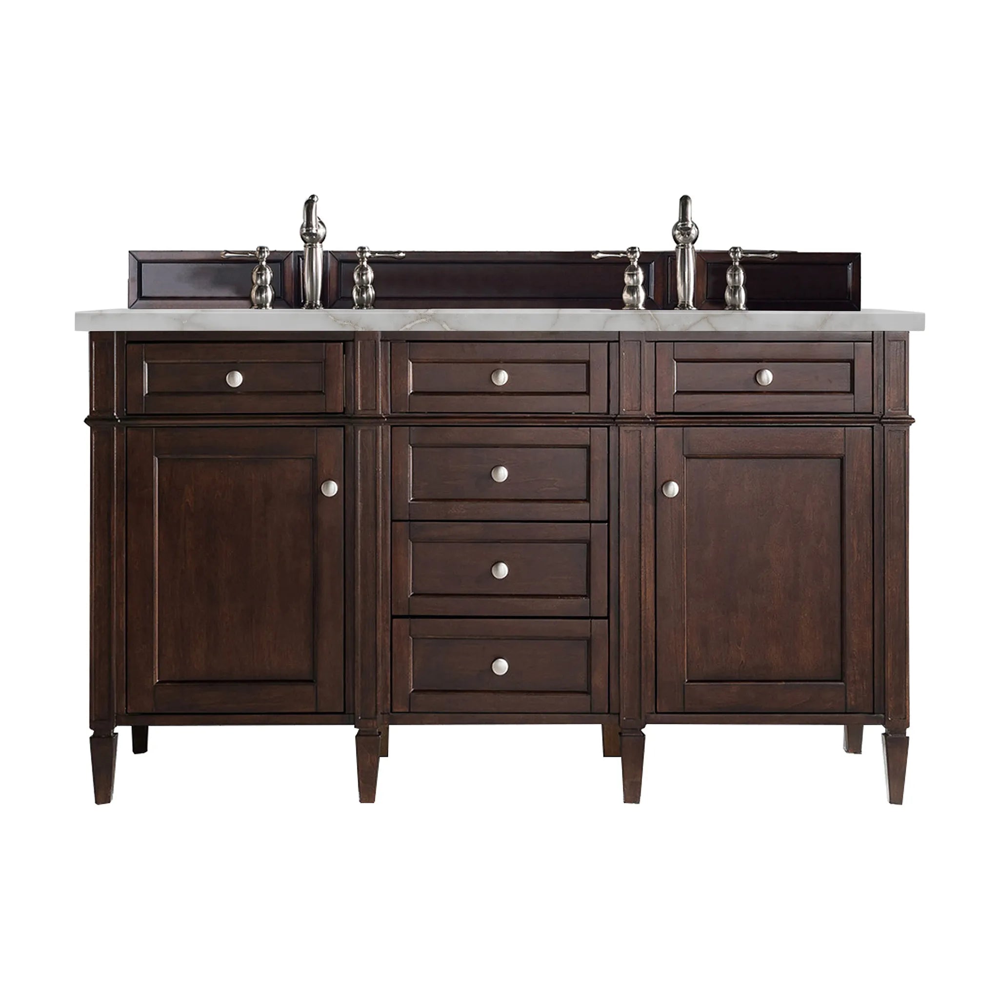 60" Brittany Double Vanity in Burnished Mahogany Wireless Charger-Victorian Silver Silestone-8" Widespread image
