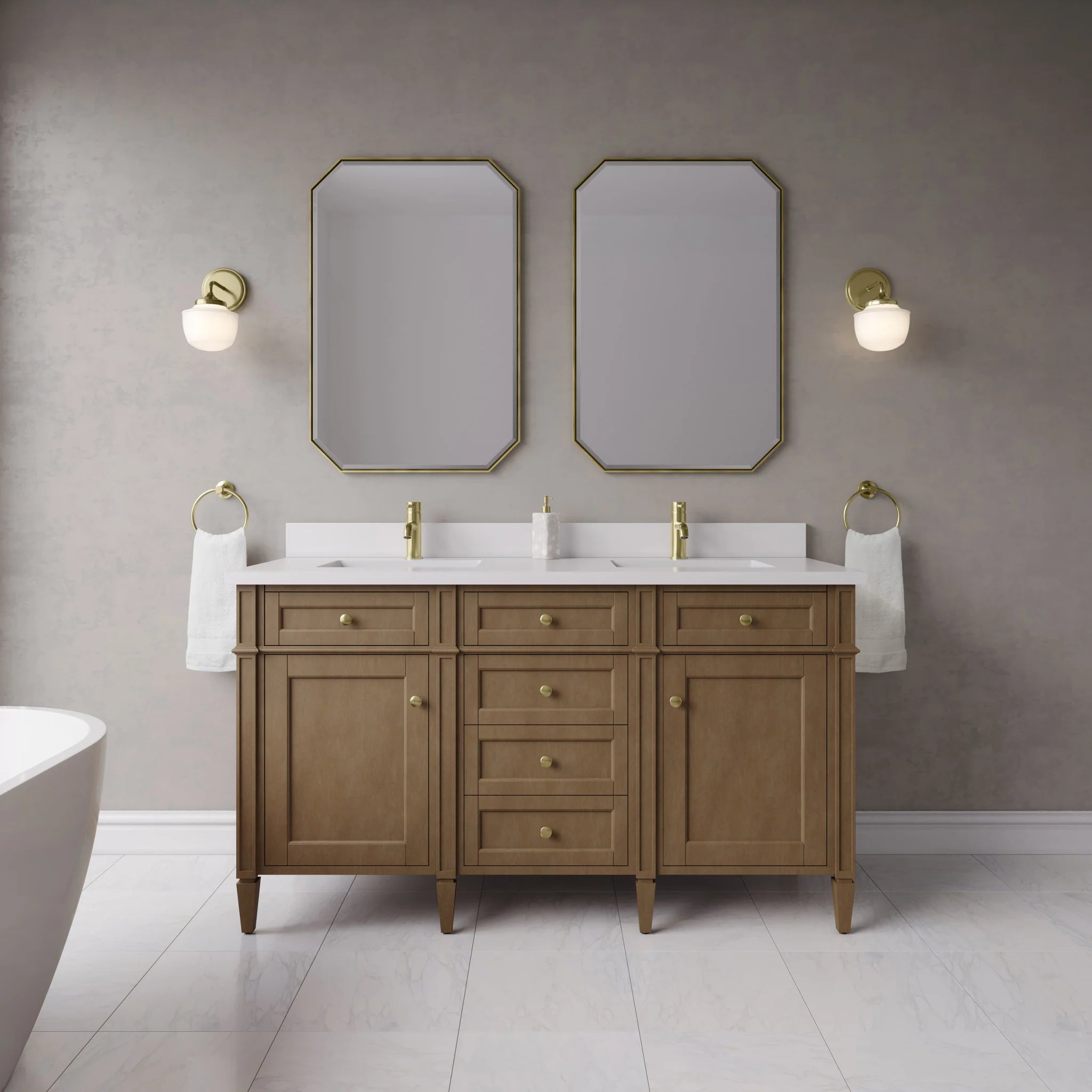 60" Brittany Double Vanity in Pecan by James Martin Vanities-White Zeus Silestone & Backsplash 1