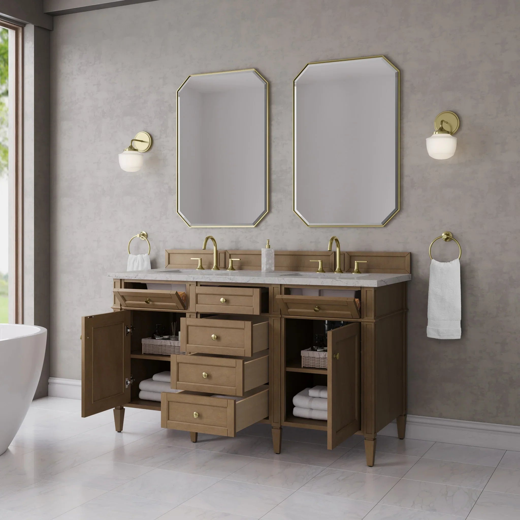 60" Brittany Double Vanity in Pecan w/FreePower Wireless Charger by James Martin Vanities-Eternal Jasmine Pearl Silestone 3