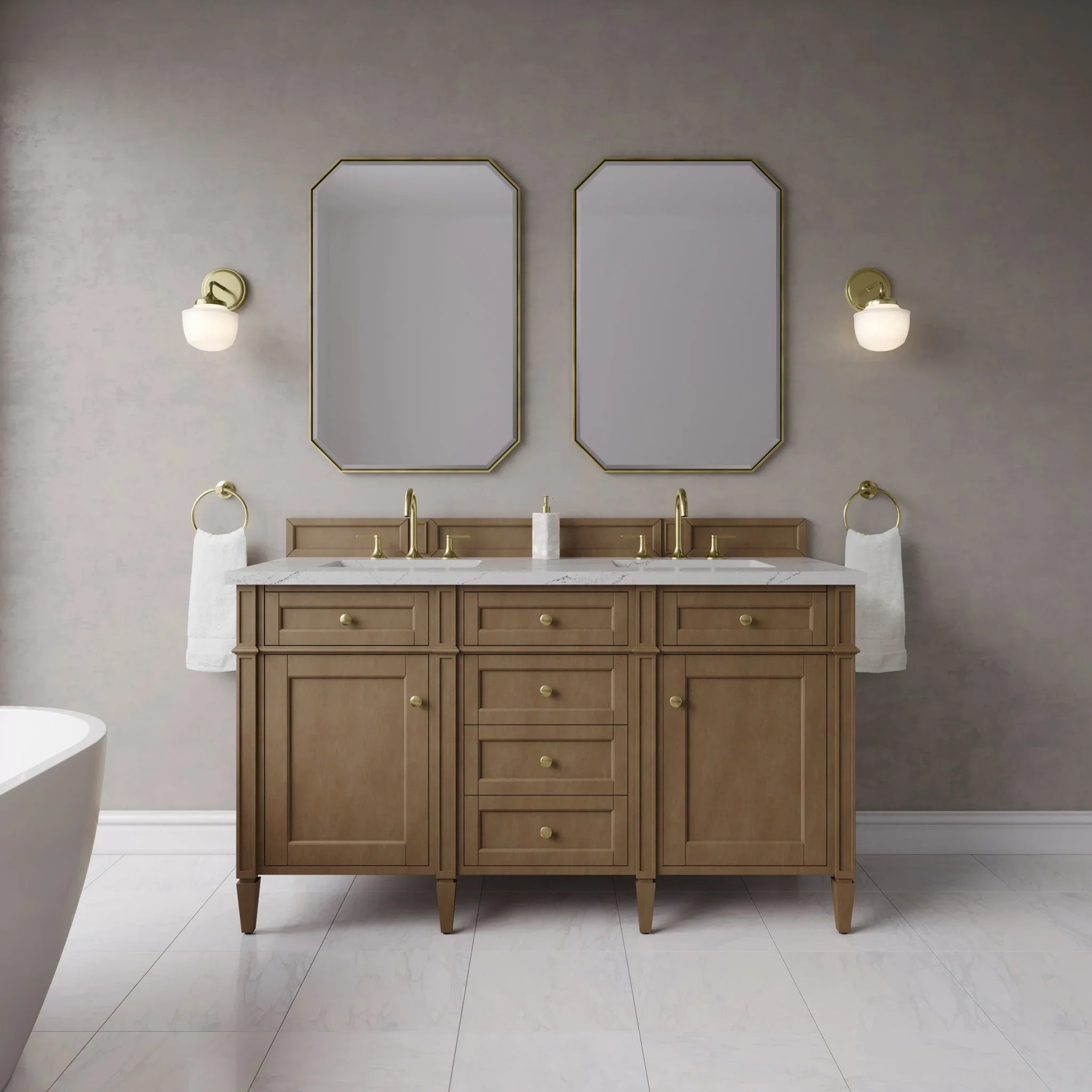 60" Brittany Double Vanity in Pecan w/FreePower Wireless Charger by James Martin Vanities-Ethereal Noctis Silestone 1