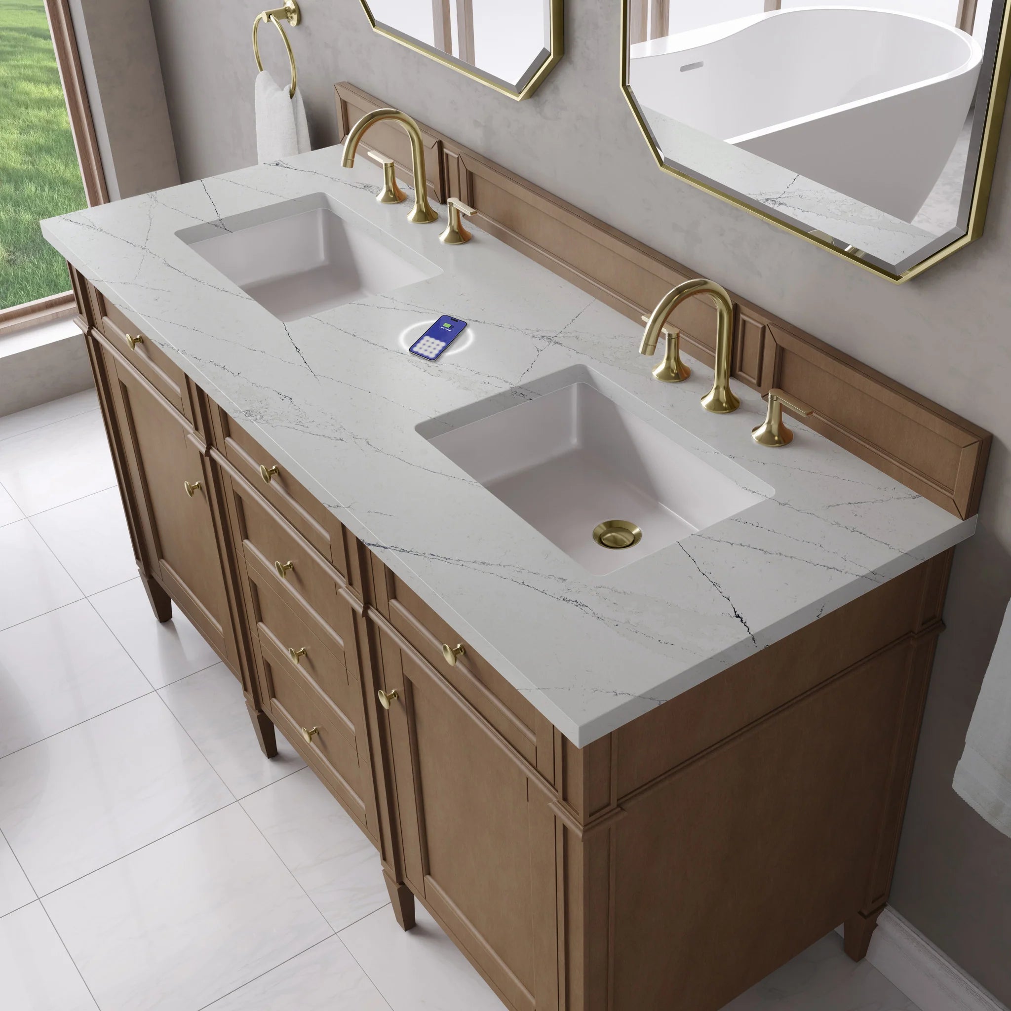 60" Brittany Double Vanity in Pecan w/FreePower Wireless Charger by James Martin Vanities-Ethereal Noctis Silestone 5