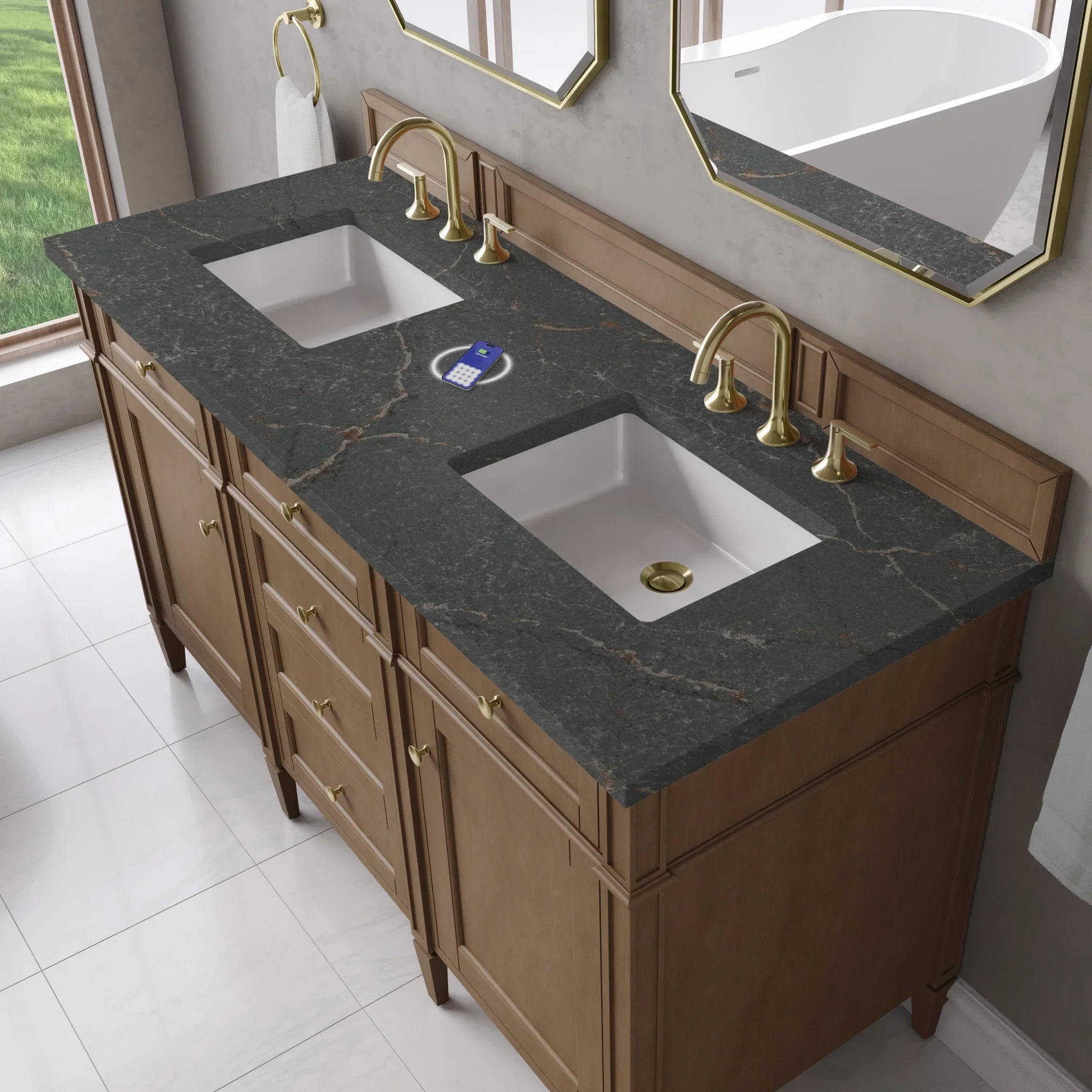 60" Brittany Double Vanity in Pecan w/FreePower Wireless Charger by James Martin Vanities-Parisien Bleu Silestone 5
