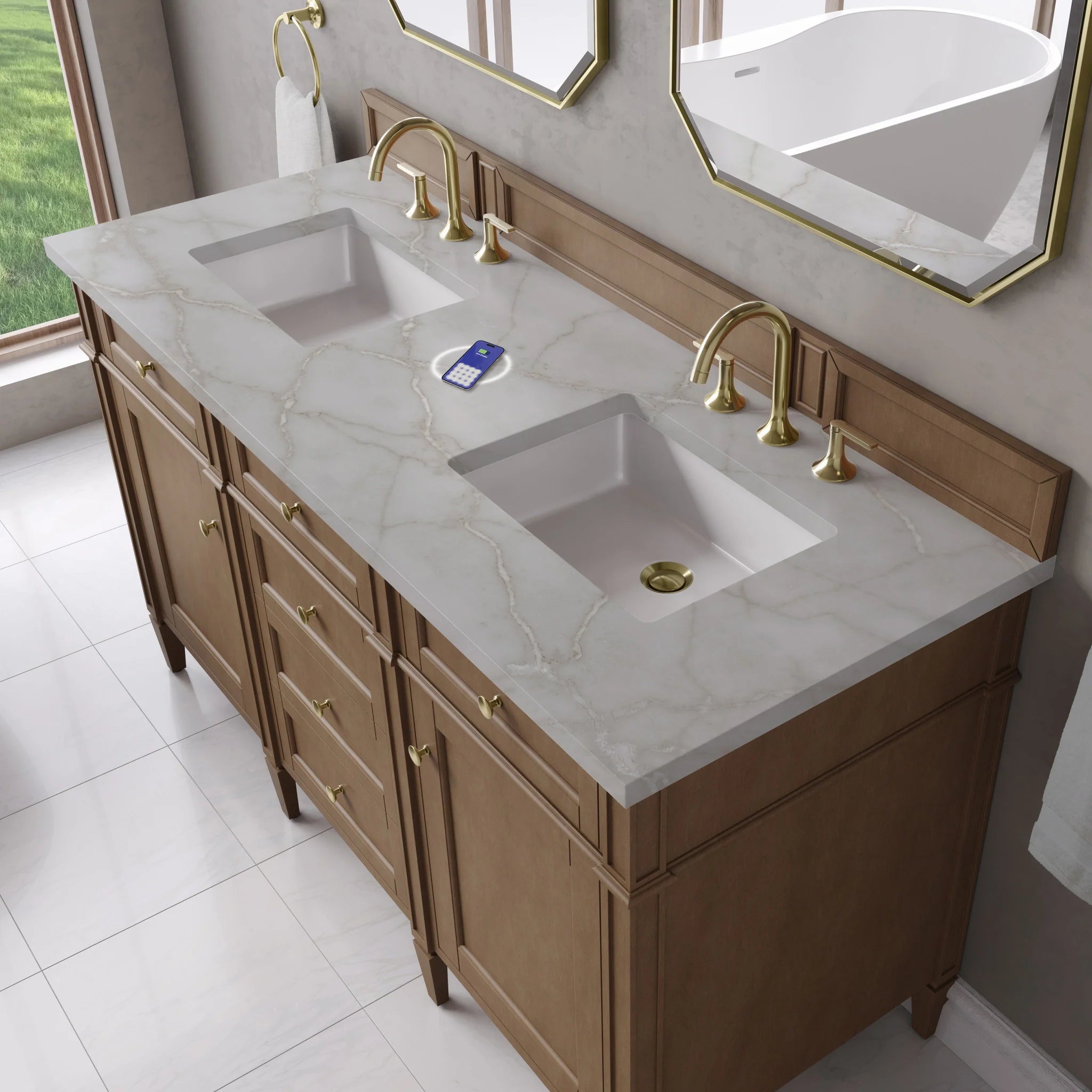 60" Brittany Double Vanity in Pecan w/FreePower Wireless Charger by James Martin Vanities-Victorian Silver Silestone 5