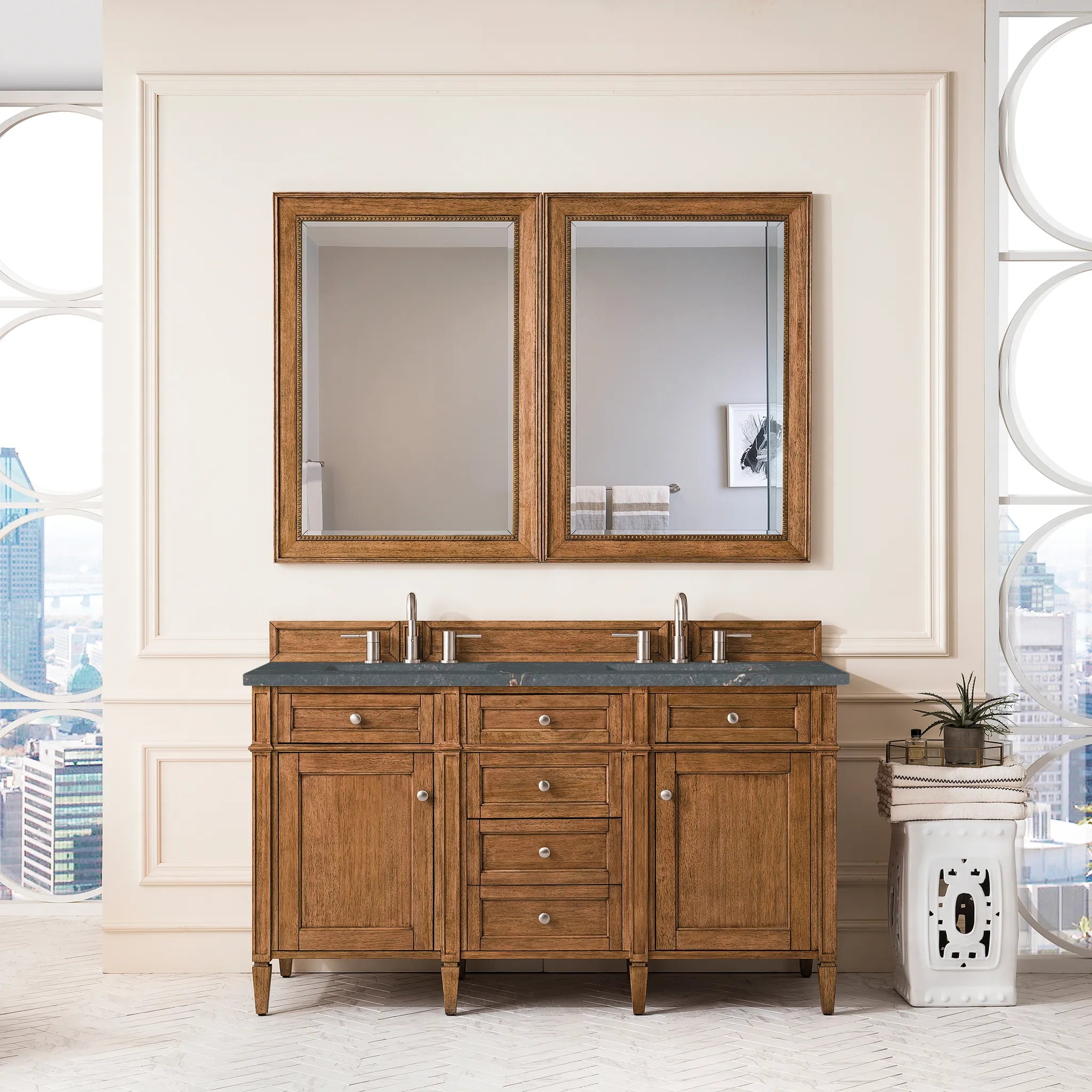60" Brittany Double Vanity in Saddle Brown w/FreePower Wireless Charger-Parisien Bleu Silestone-8" Widespread image 4