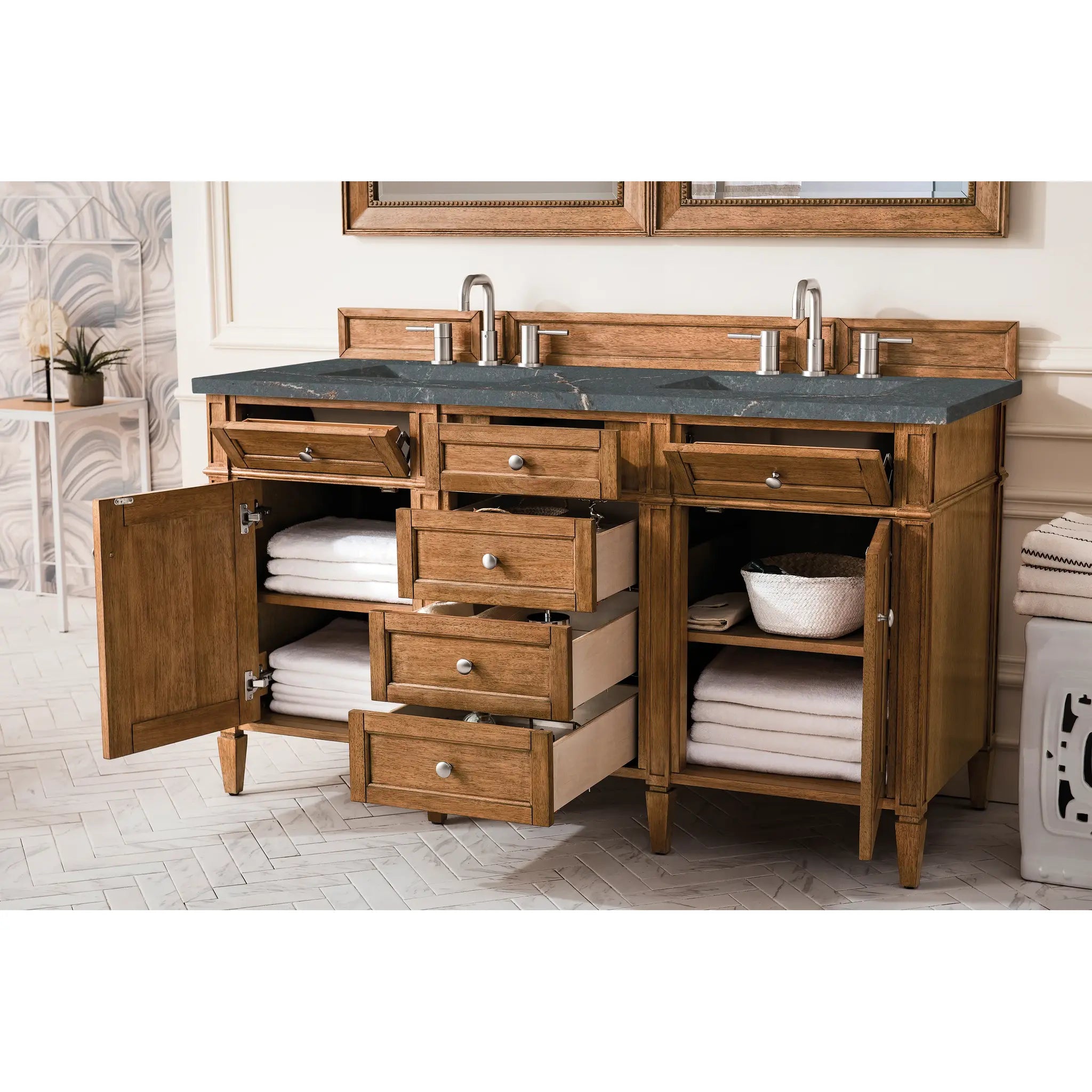 60" Brittany Double Vanity in Saddle Brown w/FreePower Wireless Charger-Parisien Bleu Silestone-8" Widespread image 6