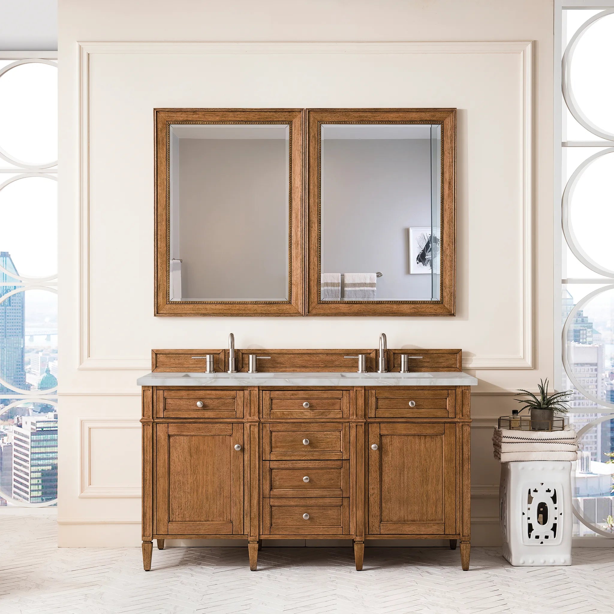 60" Brittany Double Vanity in Saddle Brown w/FreePower Wireless Charger-Victorian Silver Silestone-8" Widespread image 4