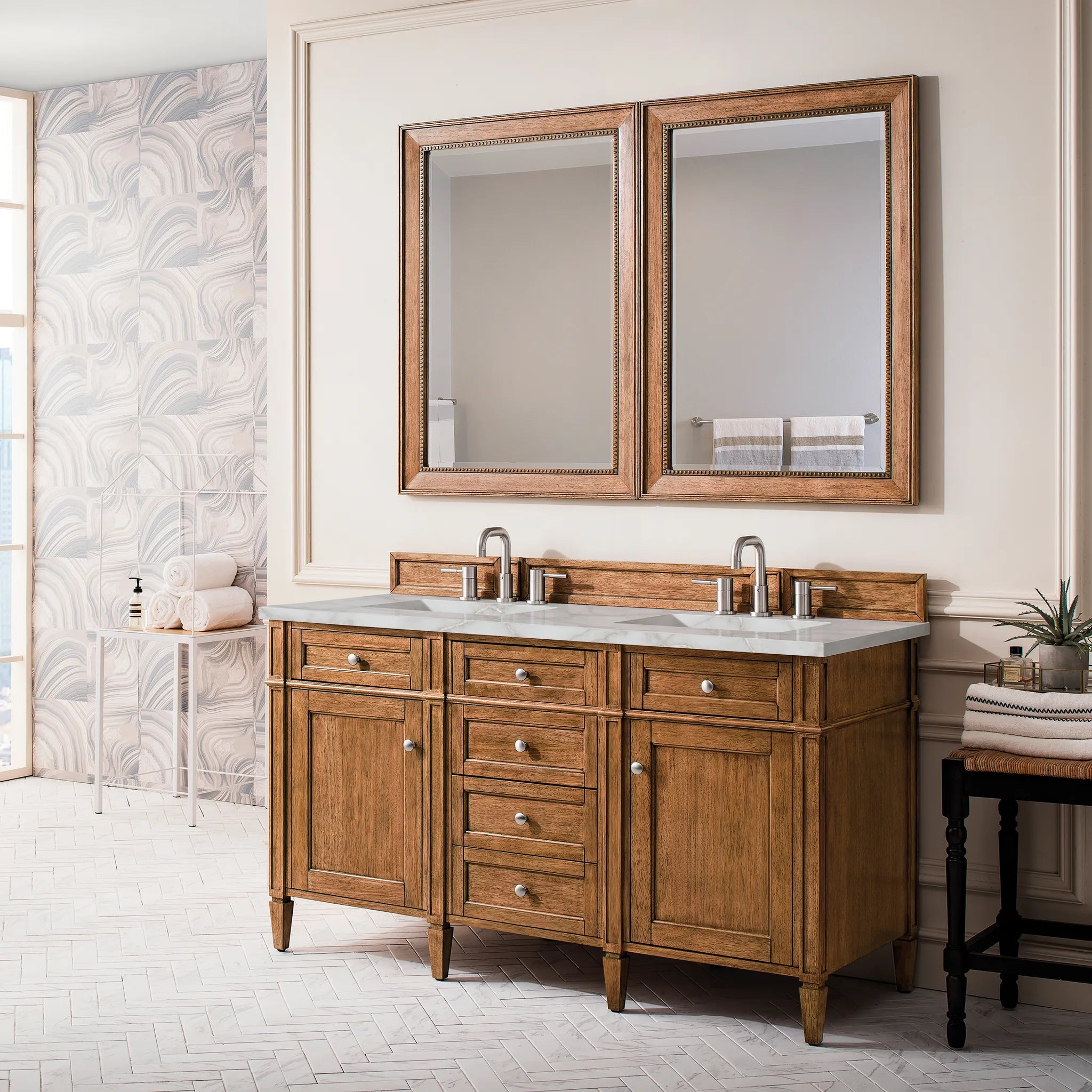 60" Brittany Double Vanity in Saddle Brown w/FreePower Wireless Charger-Victorian Silver Silestone-8" Widespread image 5