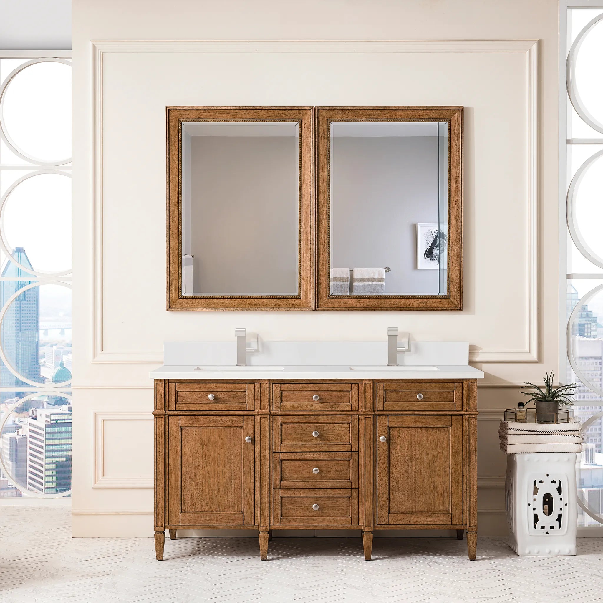 60" Brittany Double Vanity in Saddle Brown-White Zeus Silestone & Backsplash-Single Hole image 1