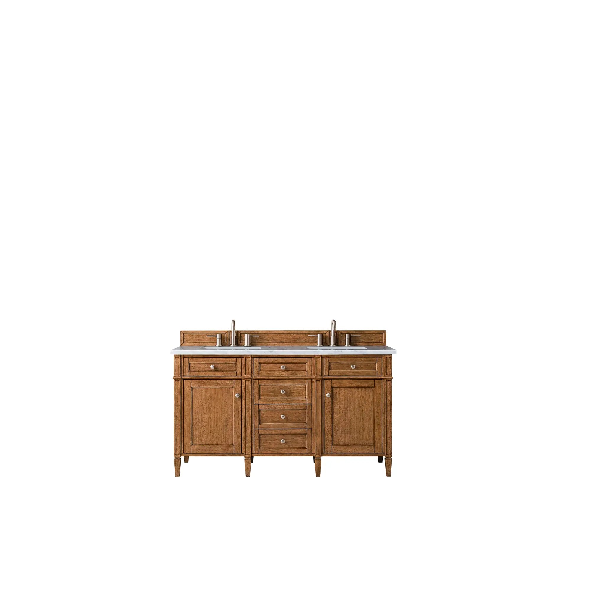 60" Brittany Double Vanity in Saddle Brown Wireless Charger-Eternal Jasmine Pearl Silestone-8" Widespread image