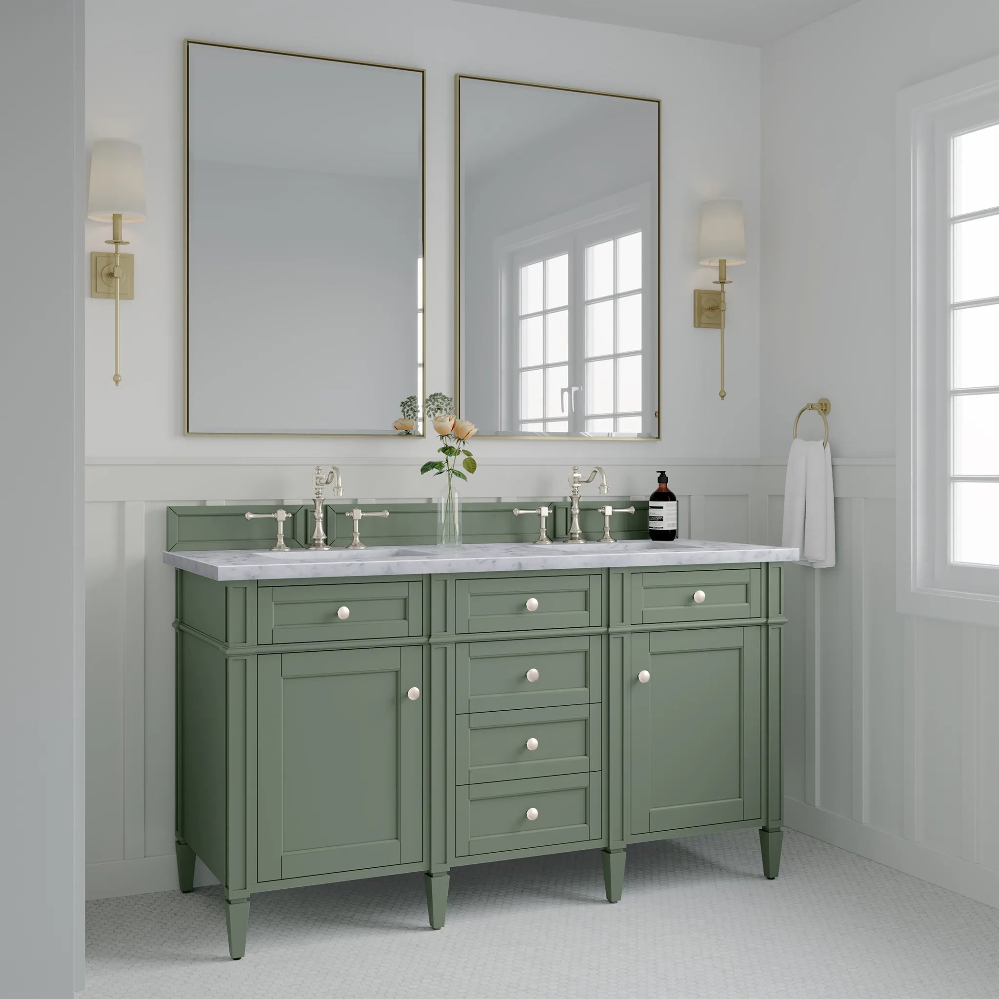 60" Brittany Double Vanity in Smokey Celadon-Carrara White Marble-8" Widespread image 3