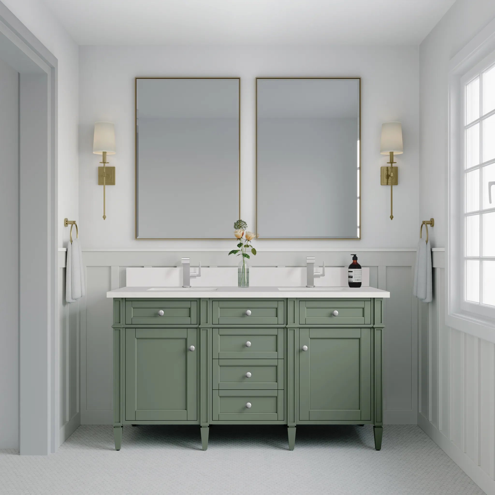 60" Brittany Double Vanity in Smokey Celadon-White Zeus Silestone & Backsplash-Single Hole image 1