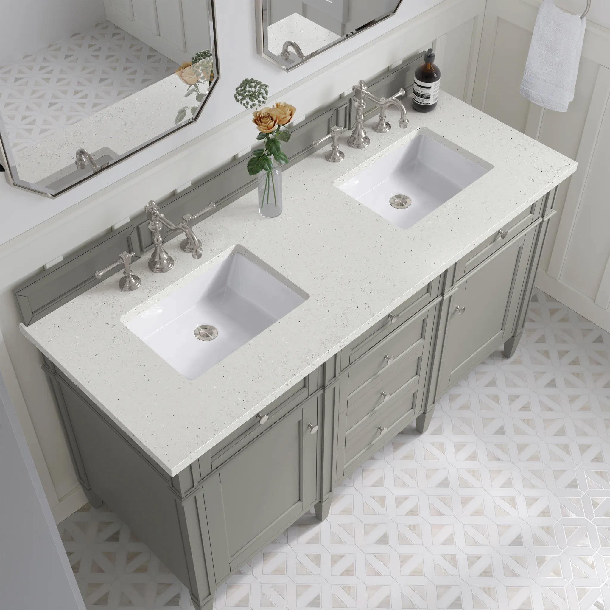 60" Brittany Double Vanity in Urban Gray-Lime Delight Silestone-8" Widespread image 4
