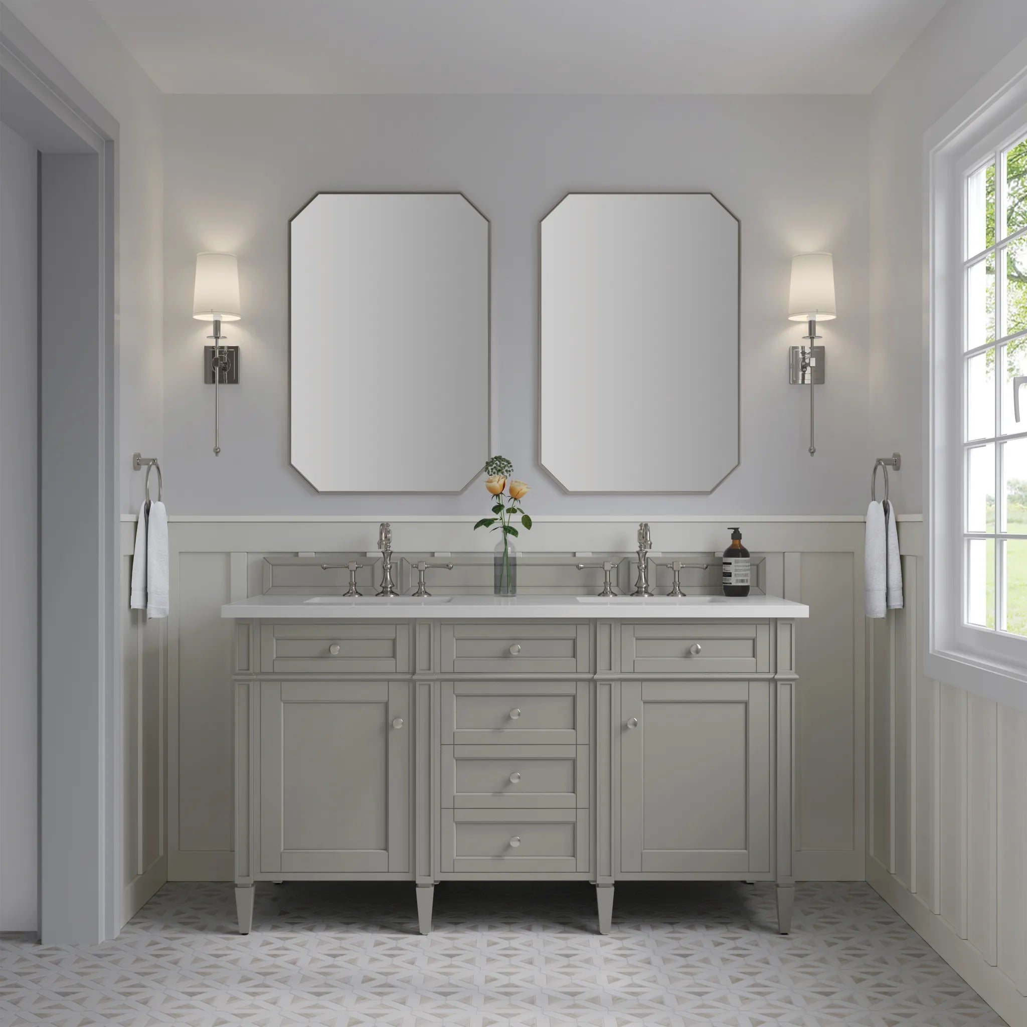 60" Brittany Double Vanity in Urban Gray-White Zeus Silestone-8" Widespread image 1
