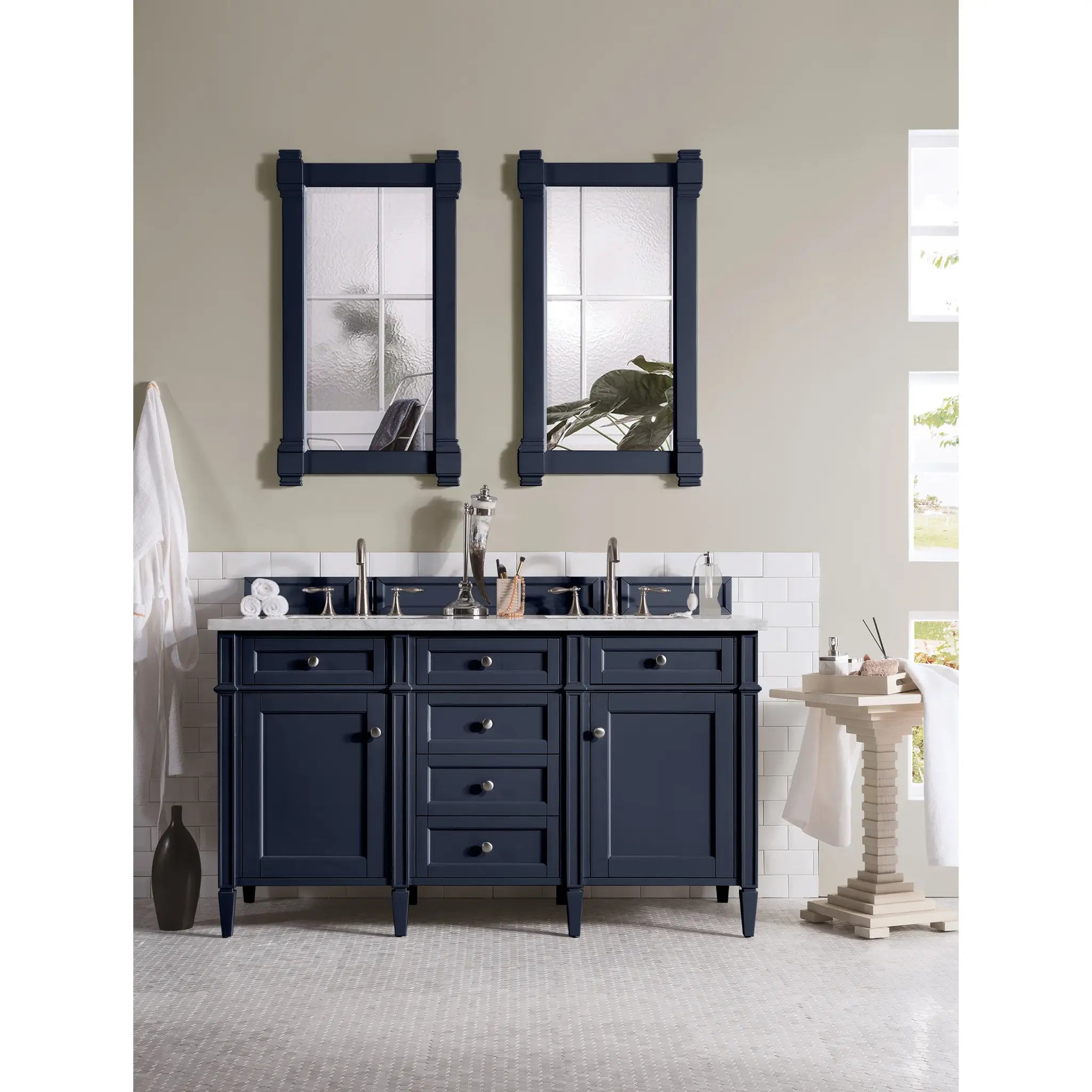 60" Brittany Double Vanity in Victory Bleu-Carrara White Marble-8" Widespread image 1