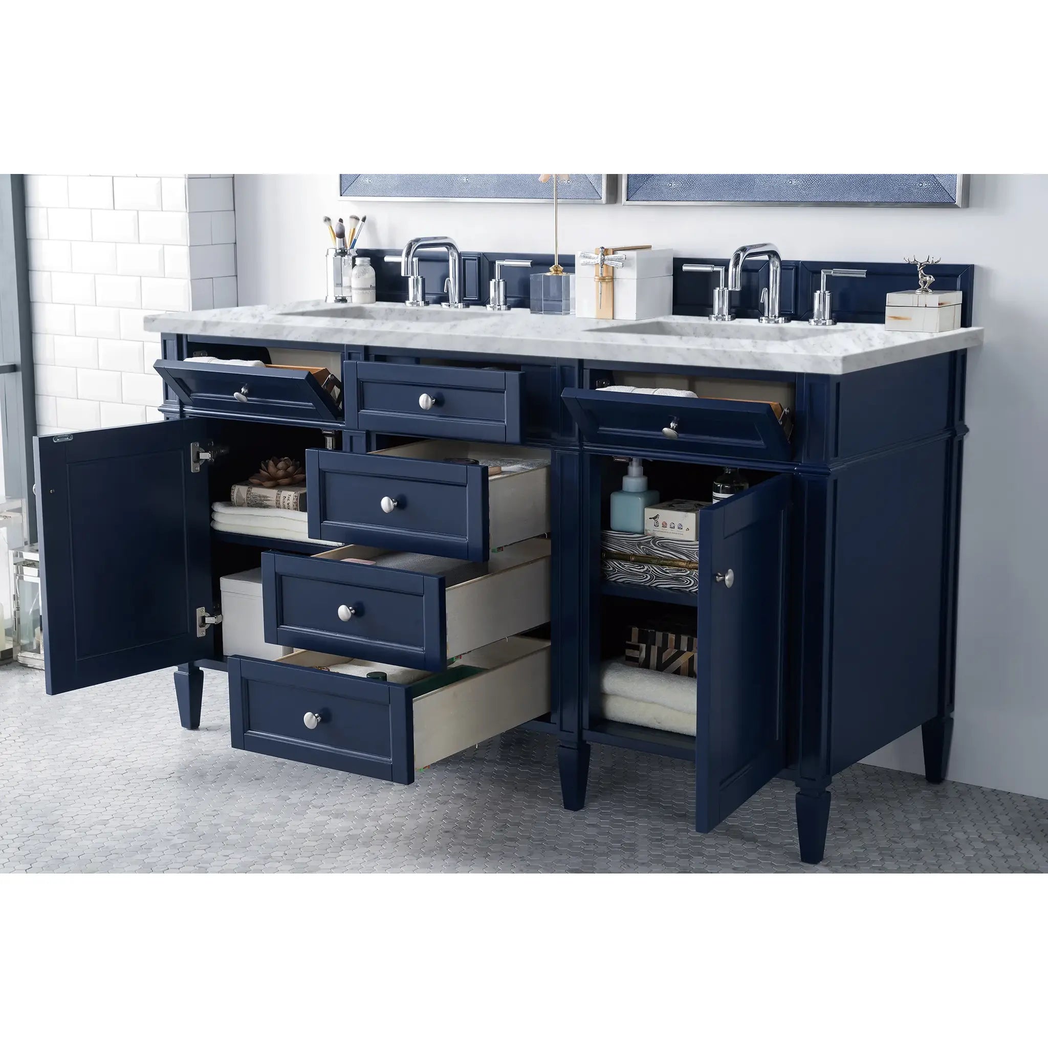 60" Brittany Double Vanity in Victory Bleu-Carrara White Marble-8" Widespread image 3