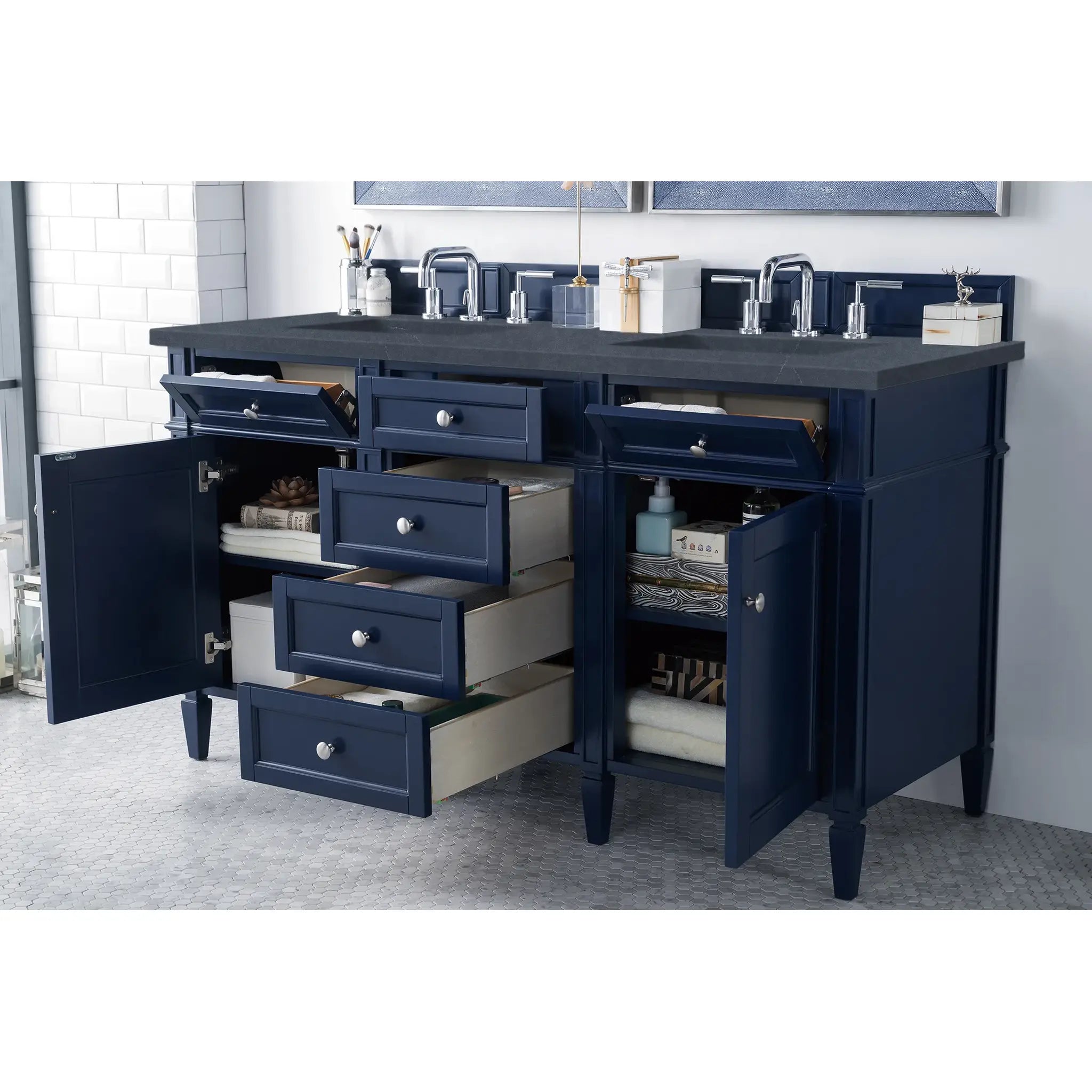 60" Brittany Double Vanity in Victory Bleu-Charcoal Soapstone Silestone-8" Widespread image 3