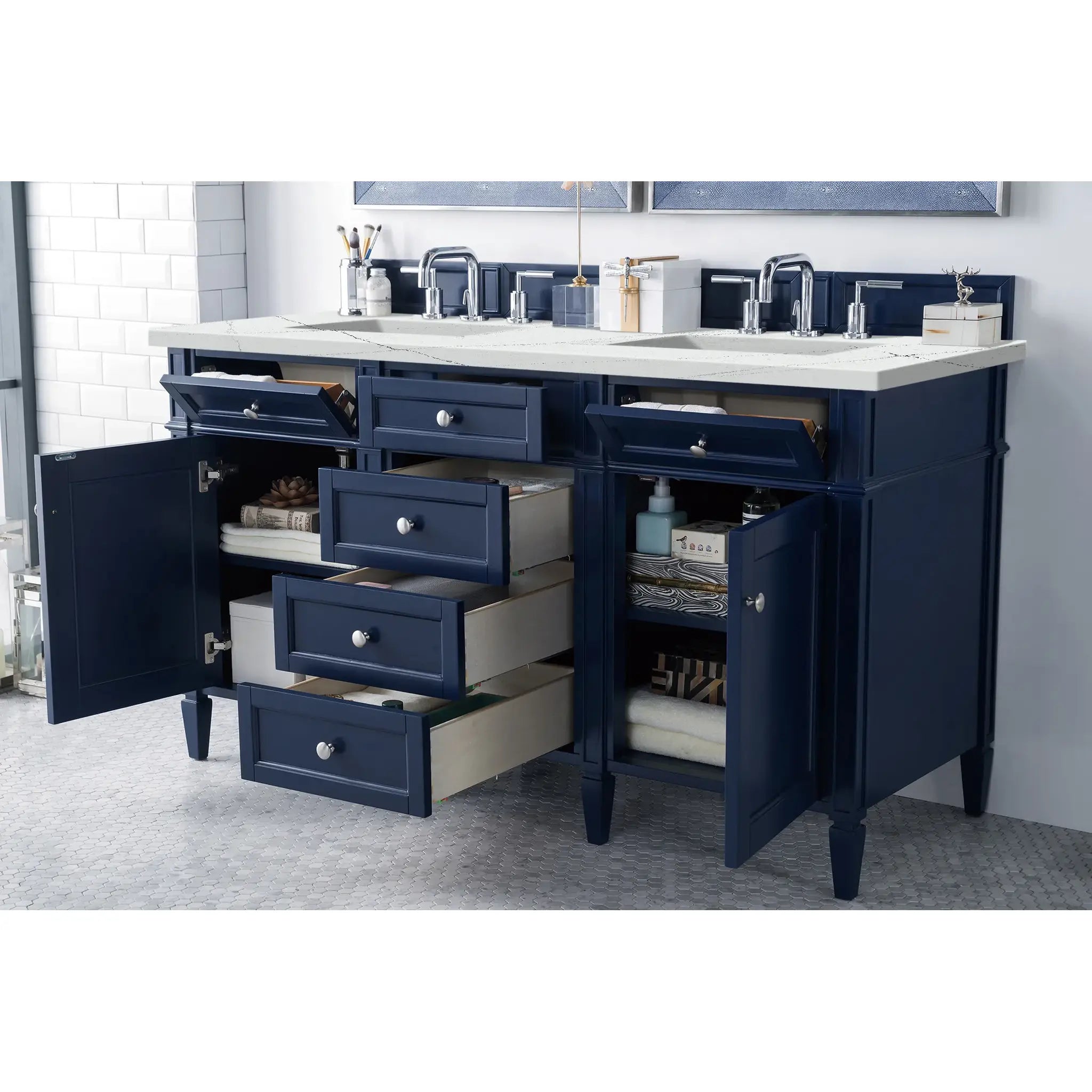 60" Brittany Double Vanity in Victory Blue w/FreePower Wireless Charger-Ethereal Noctis Silestone-8" Widespread image 6