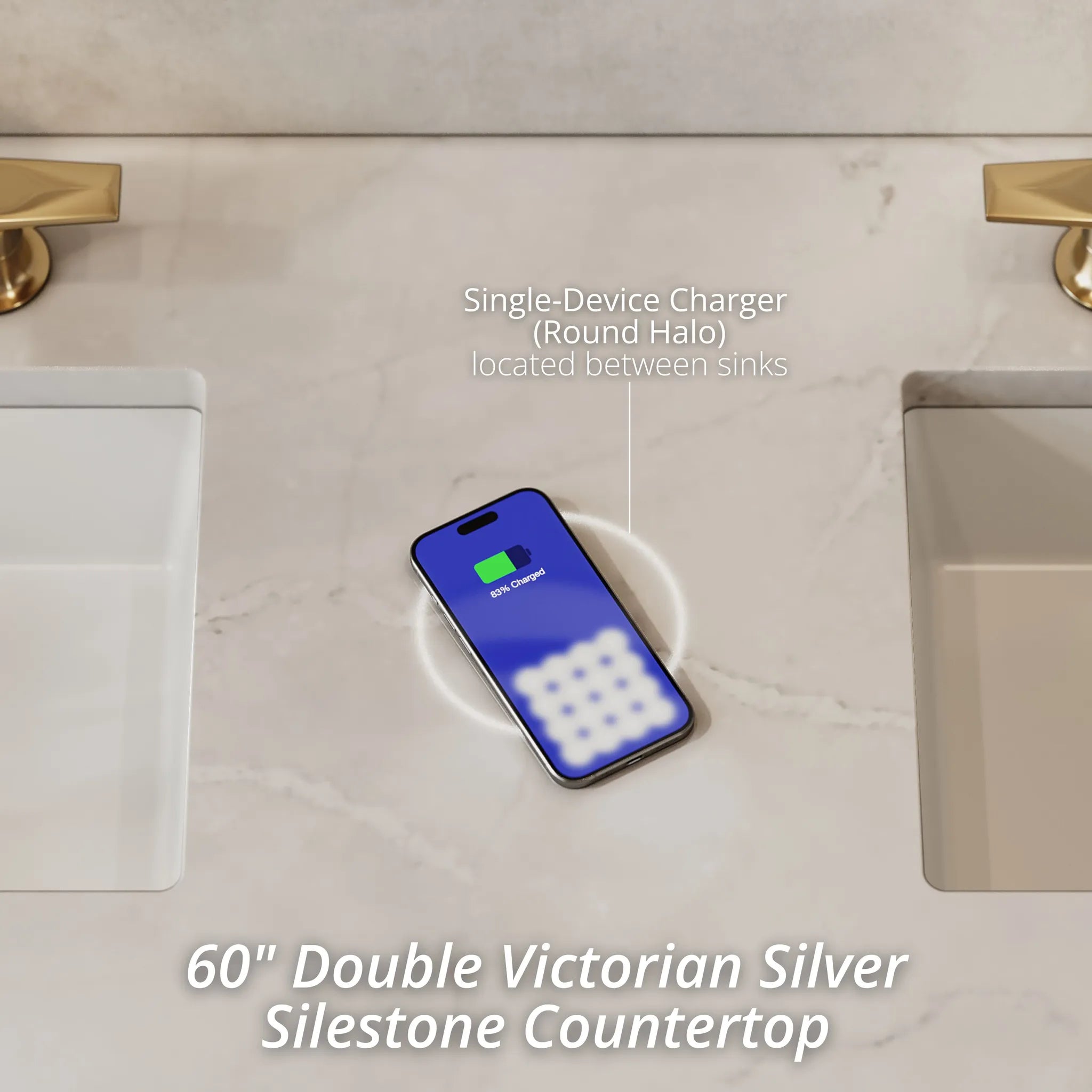 60" Brittany Double Vanity in Victory Blue w/FreePower Wireless Charger-Victorian Silver Silestone-8" Widespread image 2