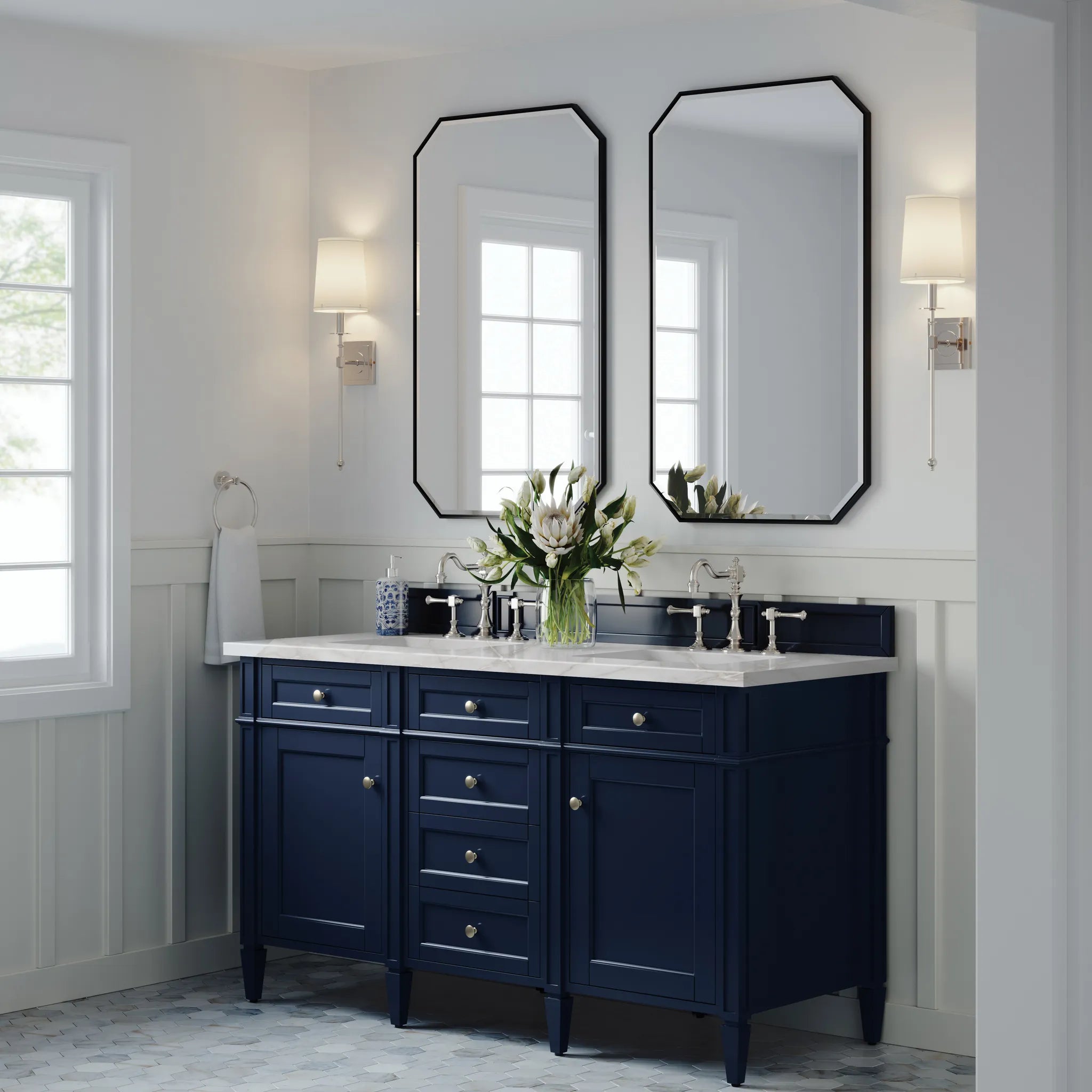 60" Brittany Double Vanity in Victory Blue w/FreePower Wireless Charger-Victorian Silver Silestone-8" Widespread image 5