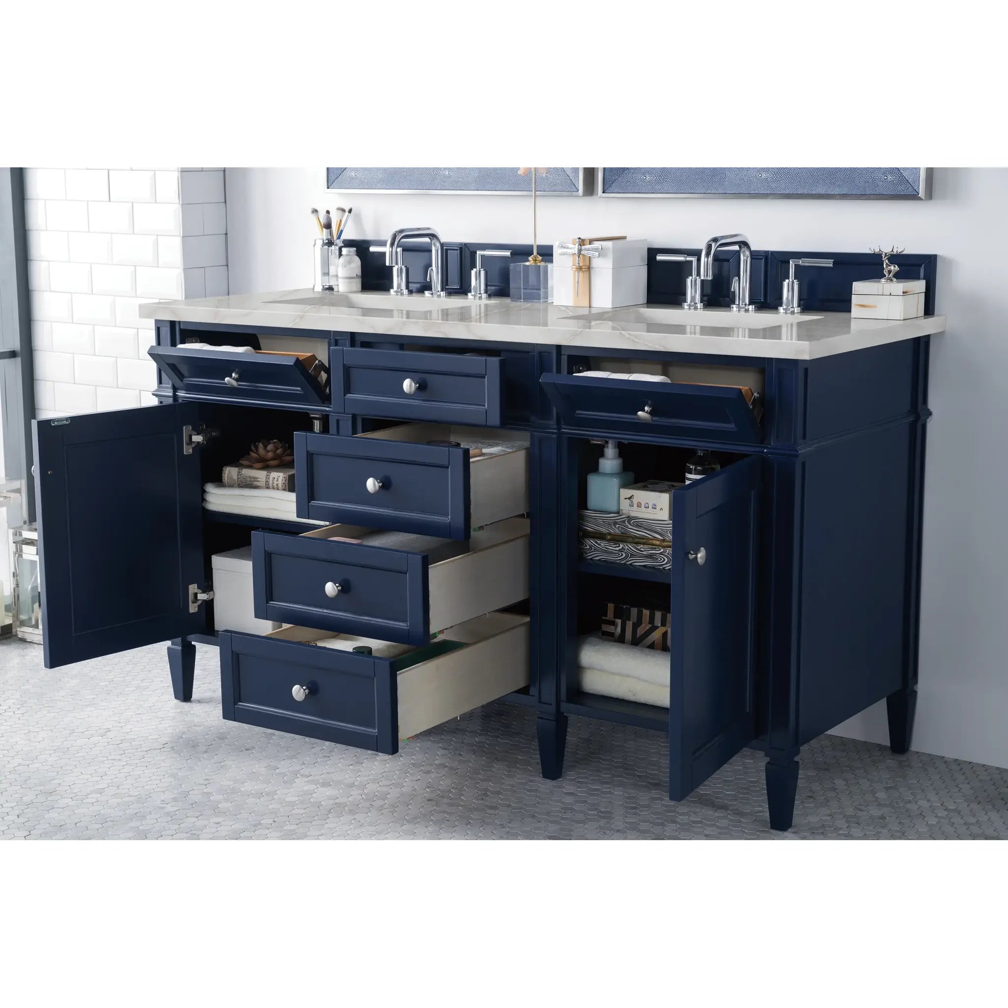 60" Brittany Double Vanity in Victory Blue w/FreePower Wireless Charger-Victorian Silver Silestone-8" Widespread image 6