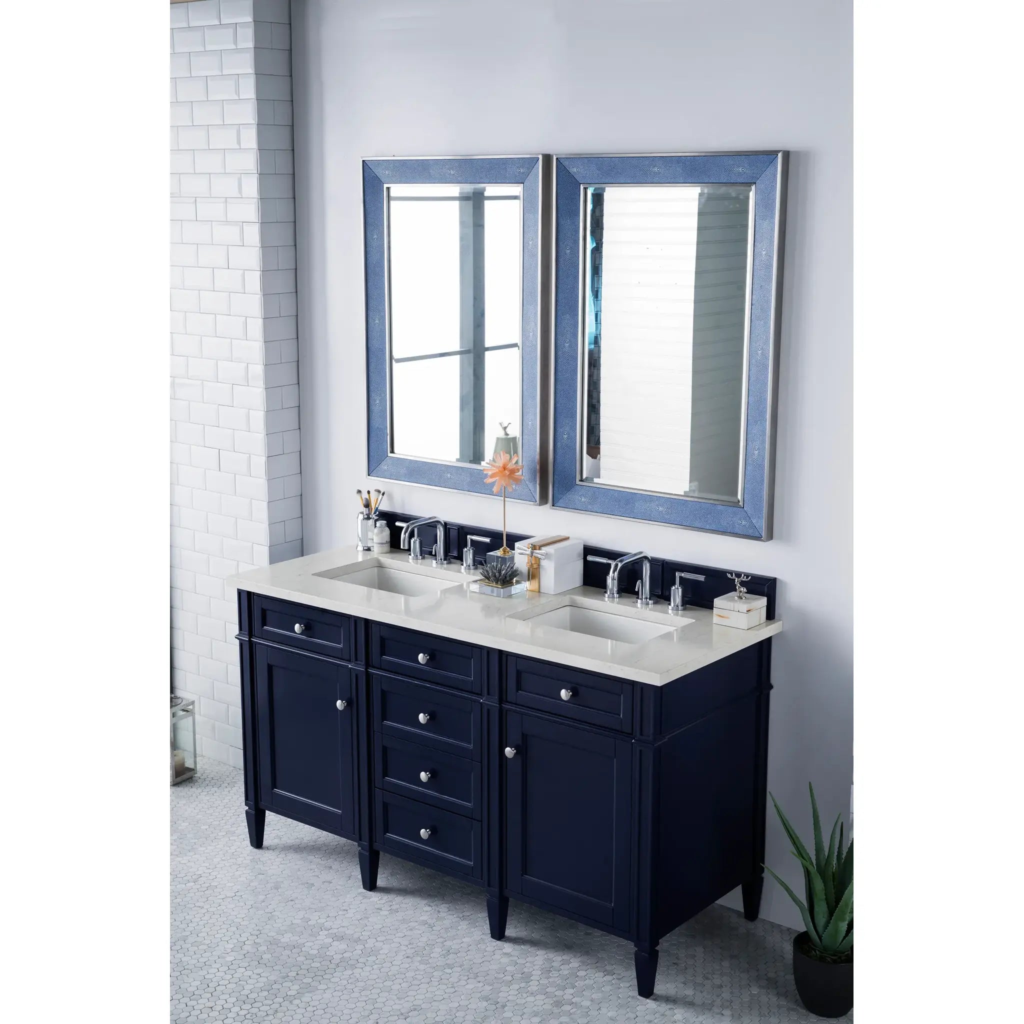 60" Brittany Double Vanity in Victory Blue Wireless Charger-Eternal Jasmine Pearl Silestone-8" Widespread image 10