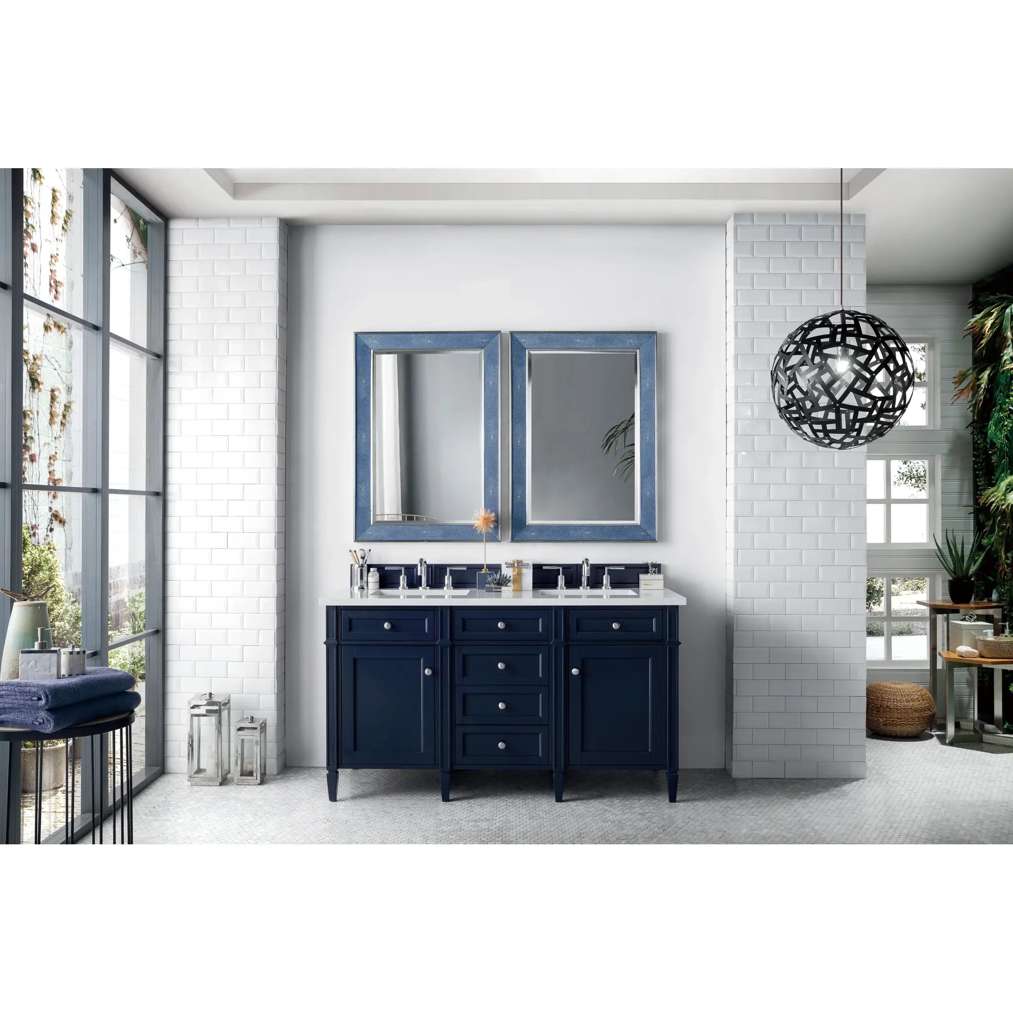 60" Brittany Double Vanity in Victory Blue Wireless Charger-Eternal Jasmine Pearl Silestone-8" Widespread image 4