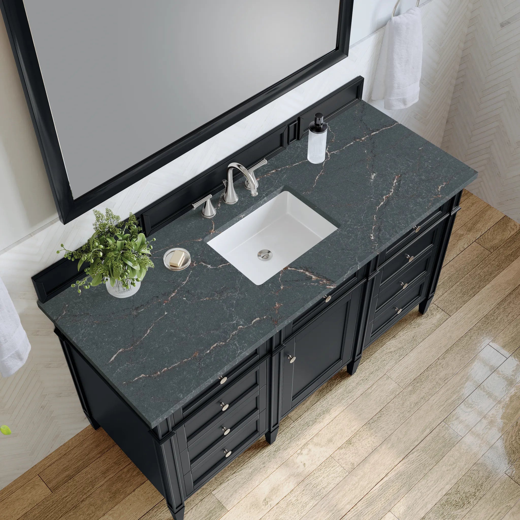 60" Brittany Single Vanity in Black Onyx-Parisien Bleu Silestone-8" Widespread image 4