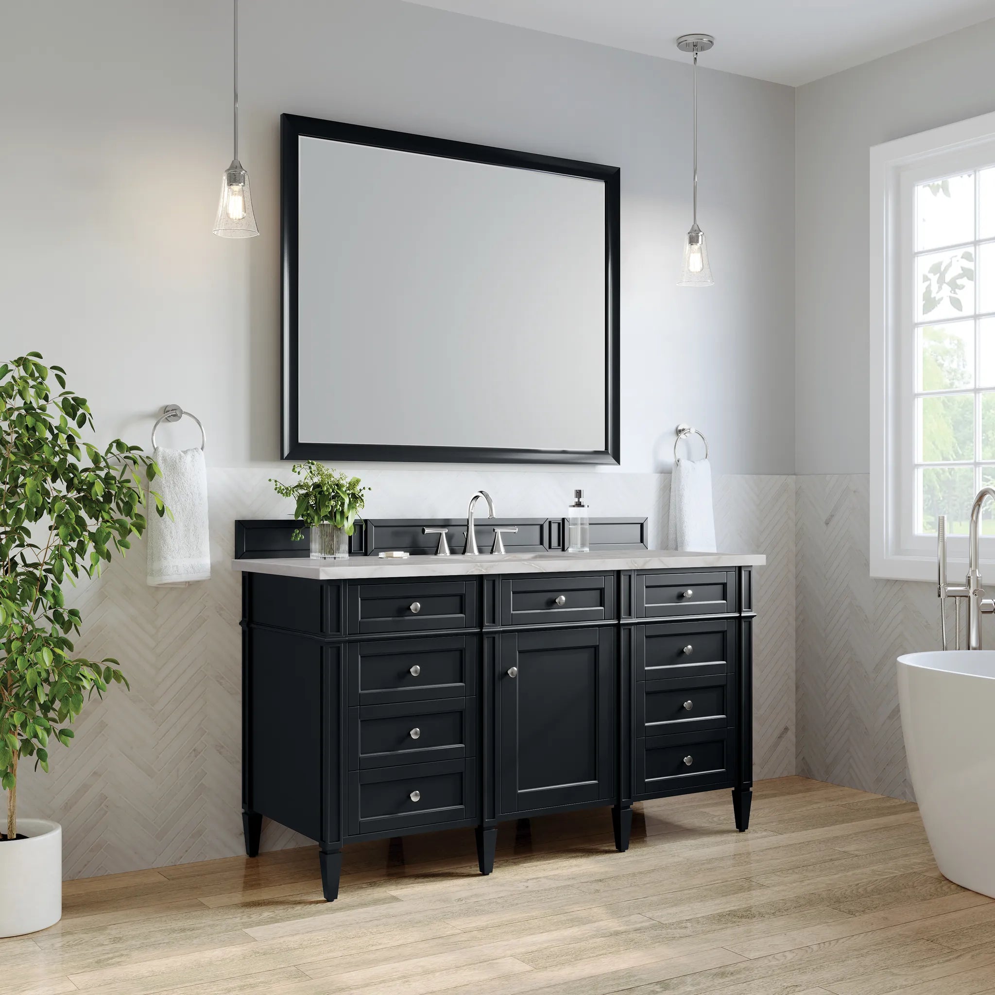 60" Brittany Single Vanity in Black Onyx-Victorian Silver Silestone-8" Widespread image 2