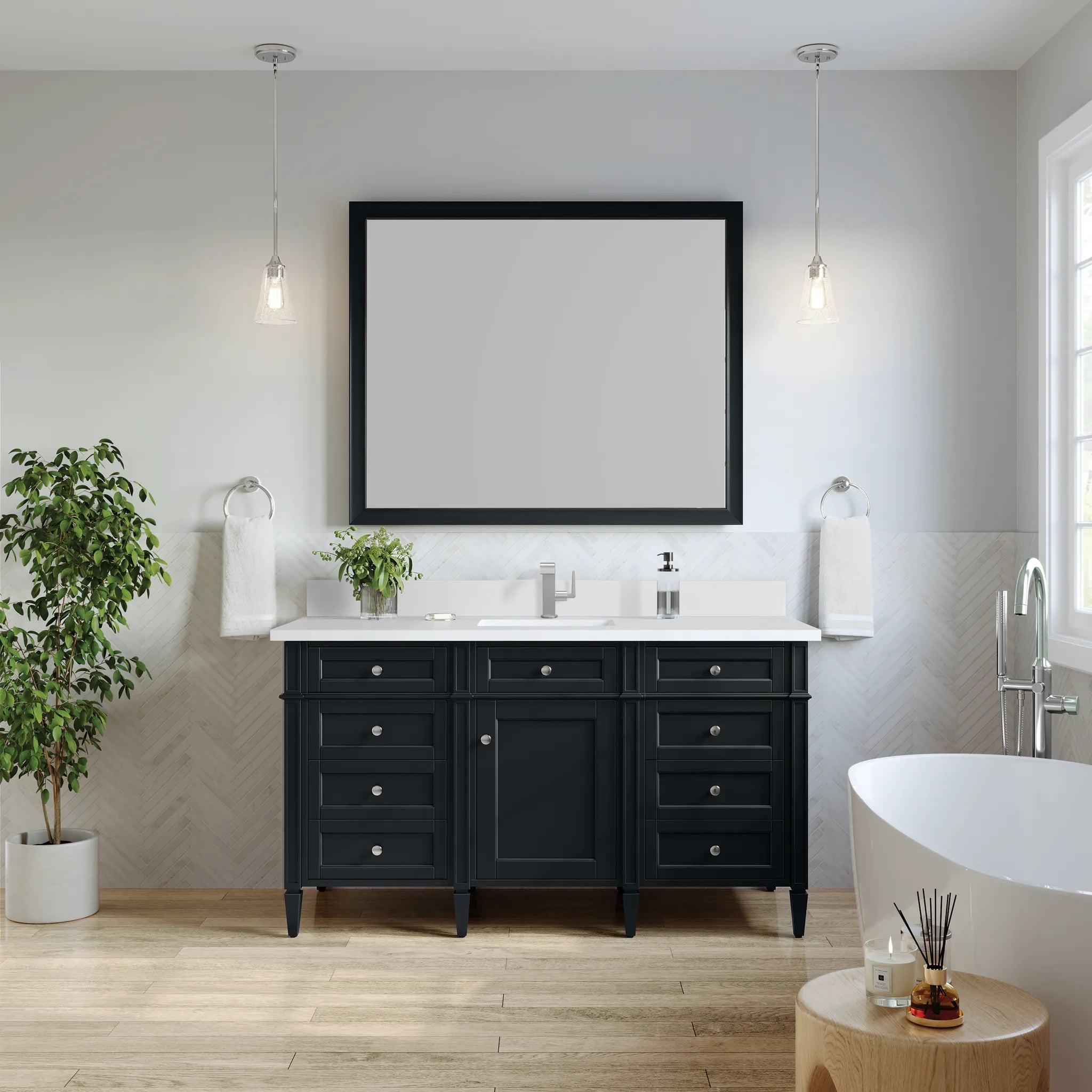 60" Brittany Single Vanity in Black Onyx-White Zeus Silestone & Backsplash-Single Hole image 1