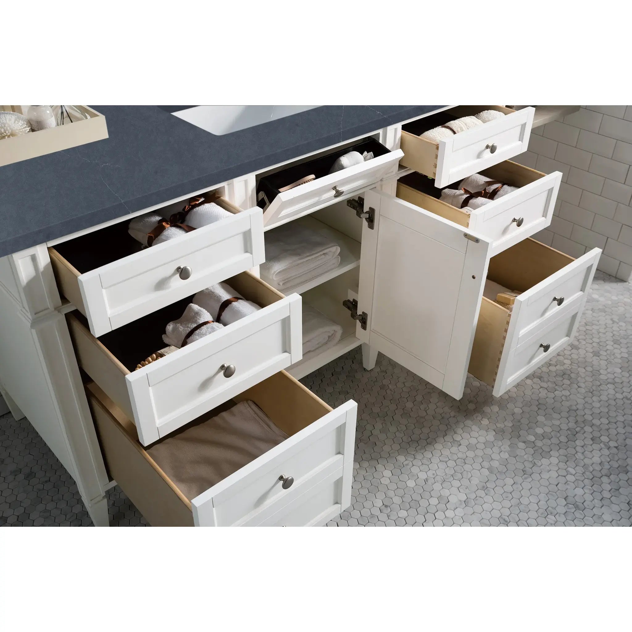 60" Brittany Single Vanity in Bright White-Charcoal Soapstone Silestone-8" Widespread image 3
