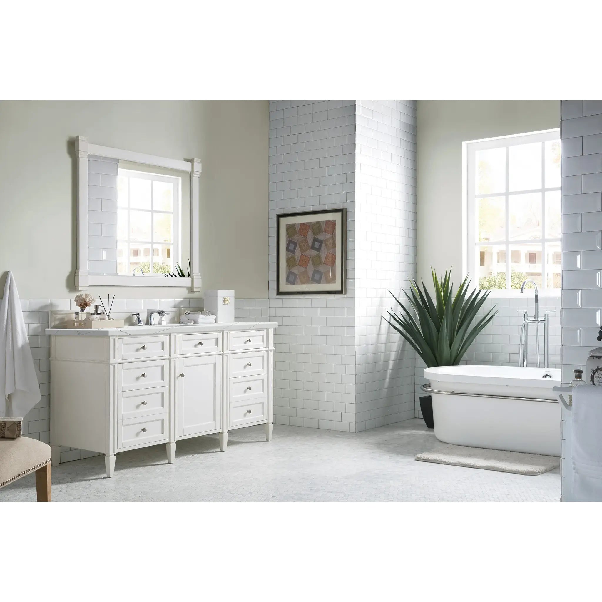 60" Brittany Single Vanity in Bright White w/FreePower Wireless Charger-Ethereal Noctis Silestone-8" Widespread image 5