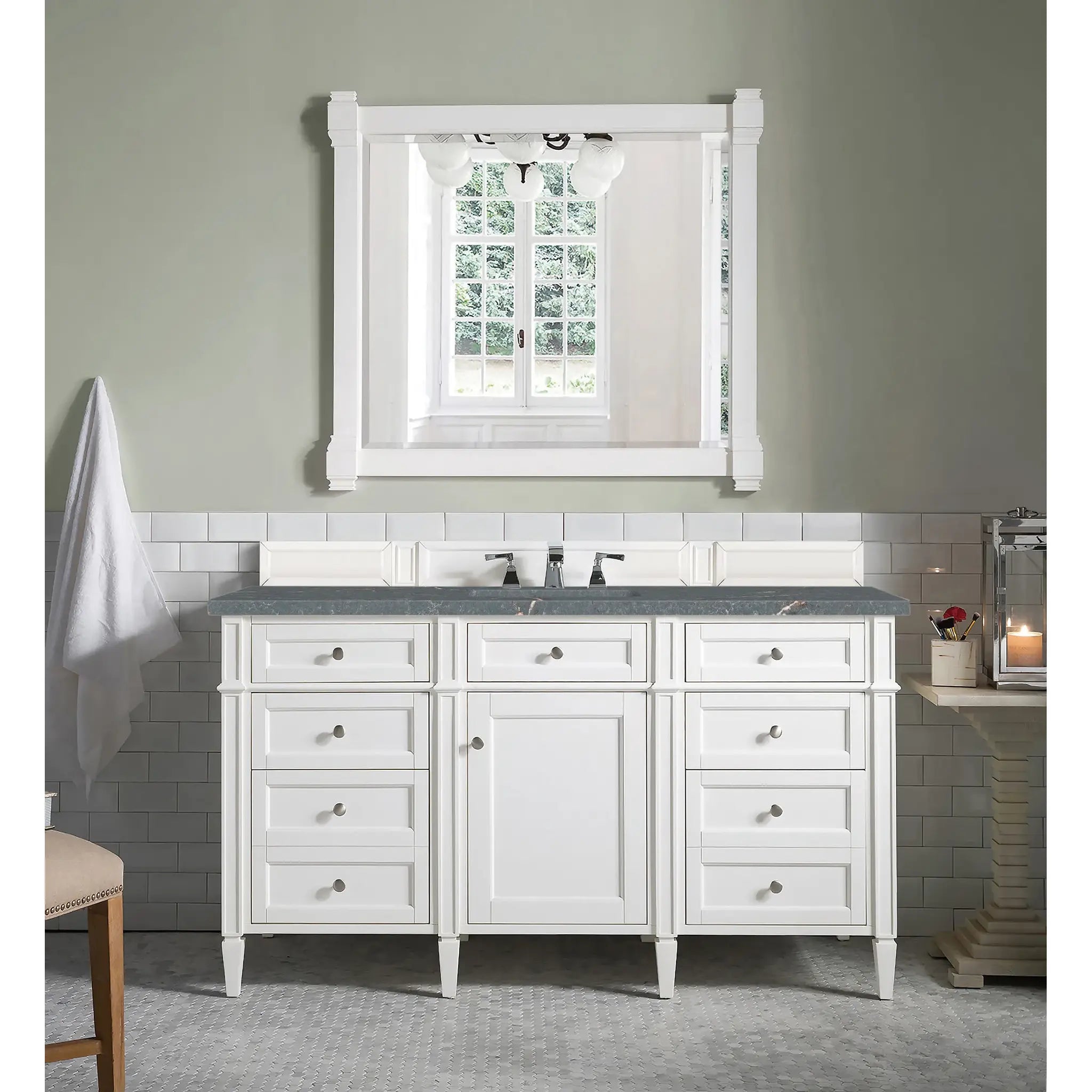 60" Brittany Single Vanity in Bright White w/FreePower Wireless Charger-Parisien Bleu Silestone-8" Widespread image 4
