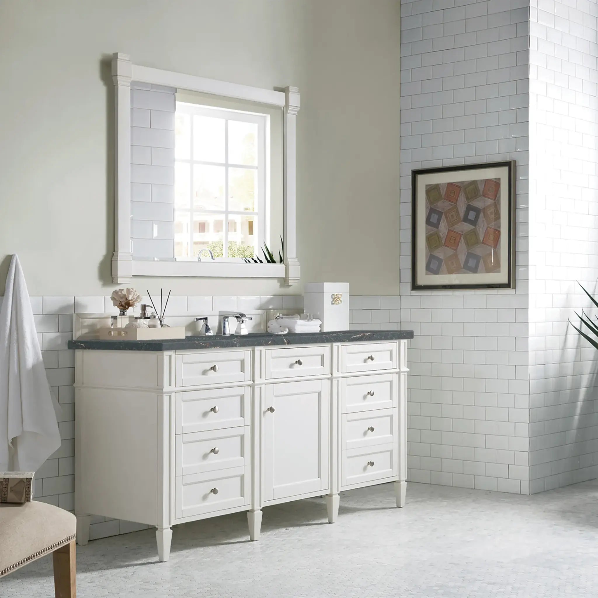 60" Brittany Single Vanity in Bright White w/FreePower Wireless Charger-Parisien Bleu Silestone-8" Widespread image 5