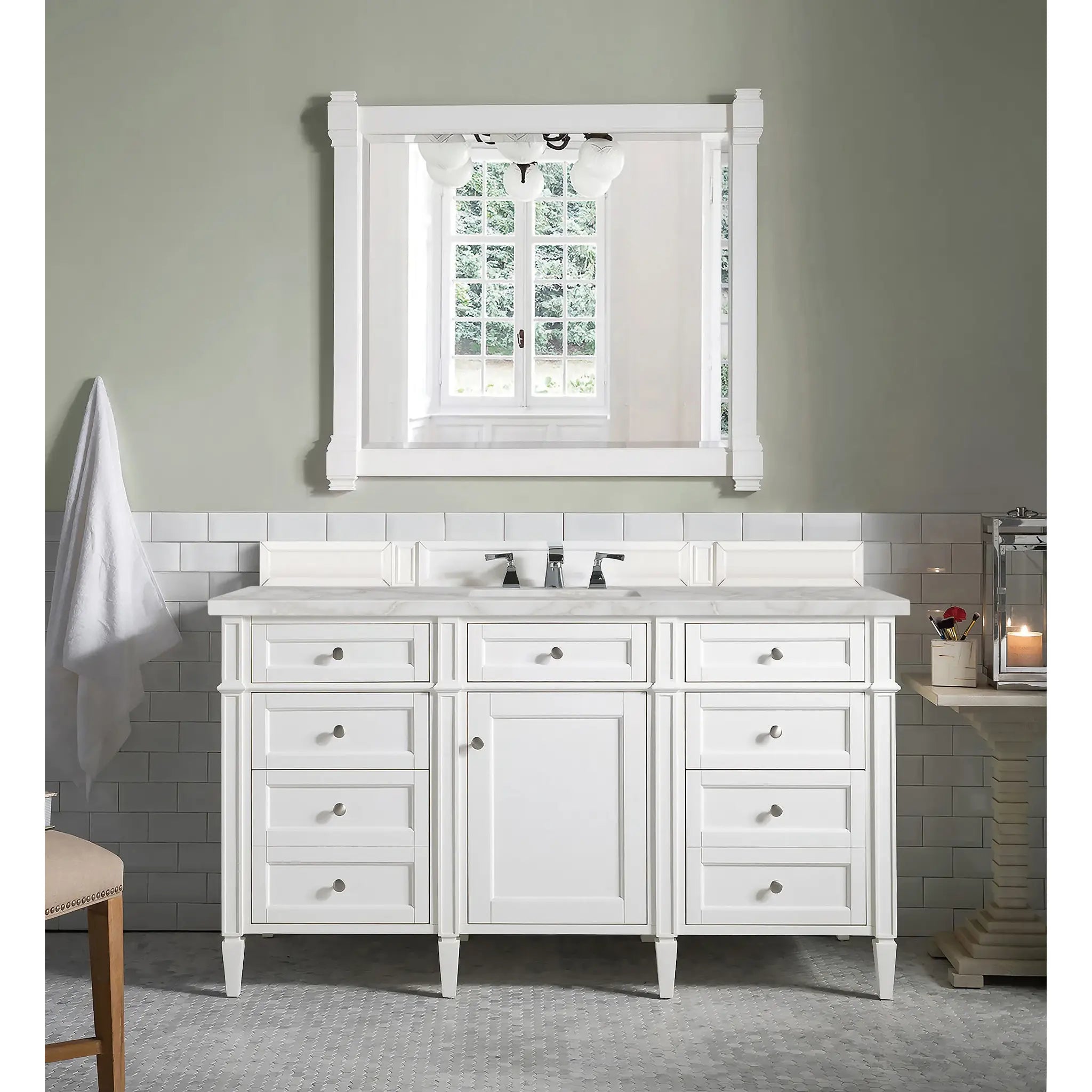 60" Brittany Single Vanity in Bright White w/FreePower Wireless Charger-Victorian Silver Silestone-8" Widespread image 4