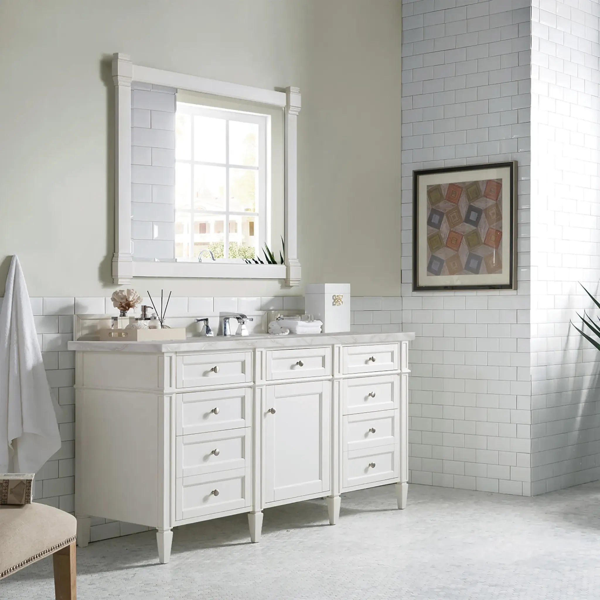 60" Brittany Single Vanity in Bright White w/FreePower Wireless Charger-Victorian Silver Silestone-8" Widespread image 5