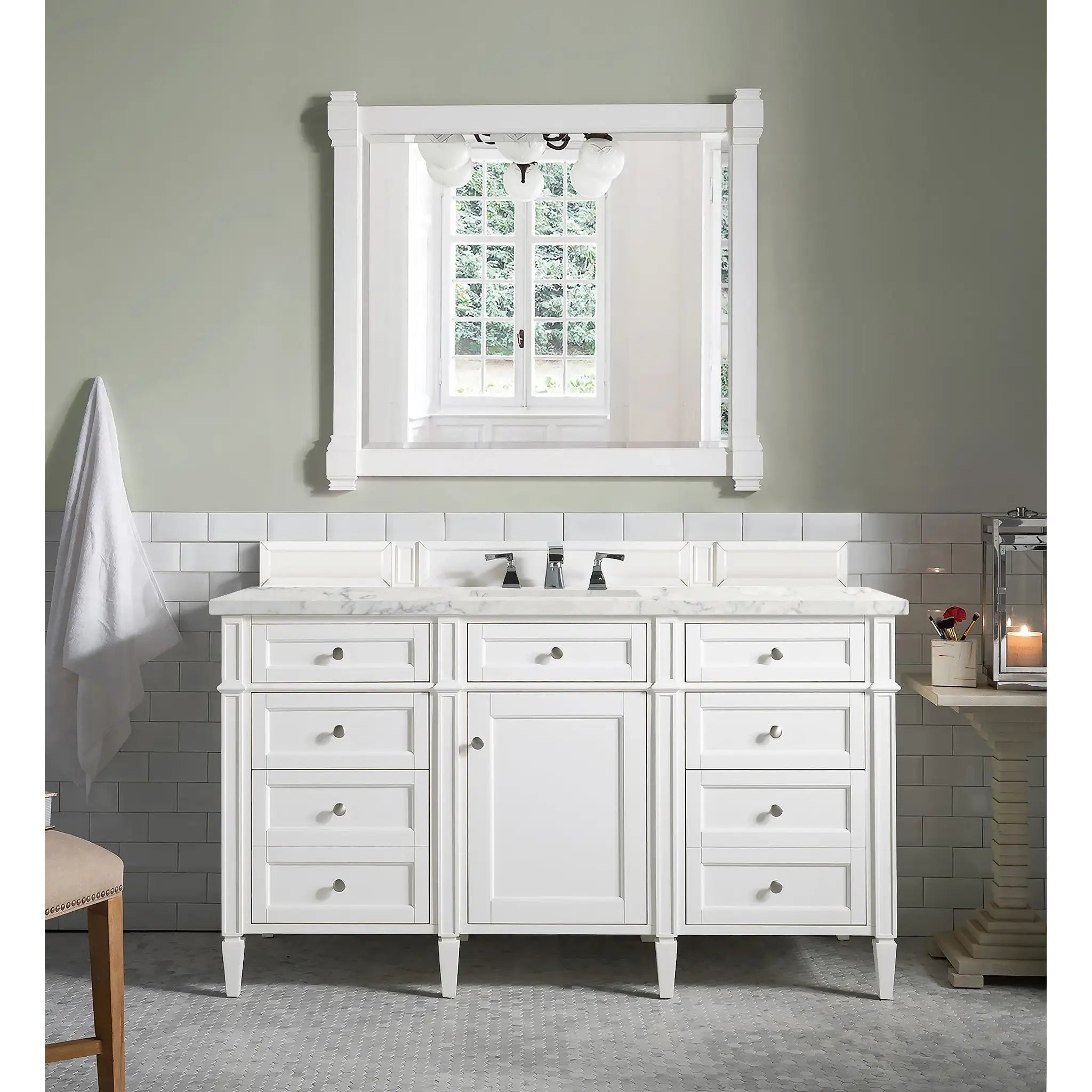 60" Brittany Single Vanity in Bright White Wireless Charger-Eternal Jasmine Pearl Silestone-8" Widespread image 4