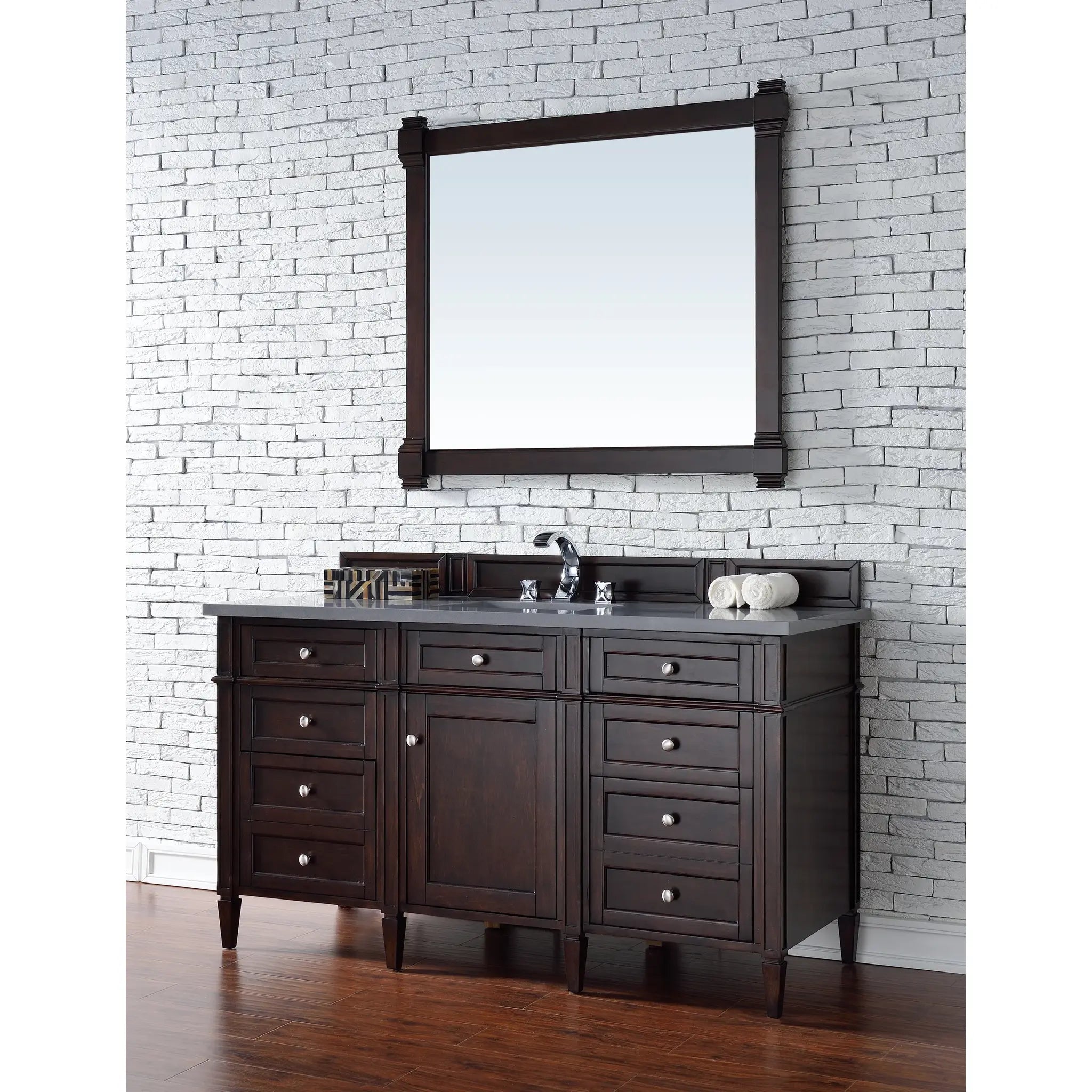 60" Brittany Single Vanity in Burnished Mahogany-Charcoal Soapstone Silestone-8" Widespread image 2