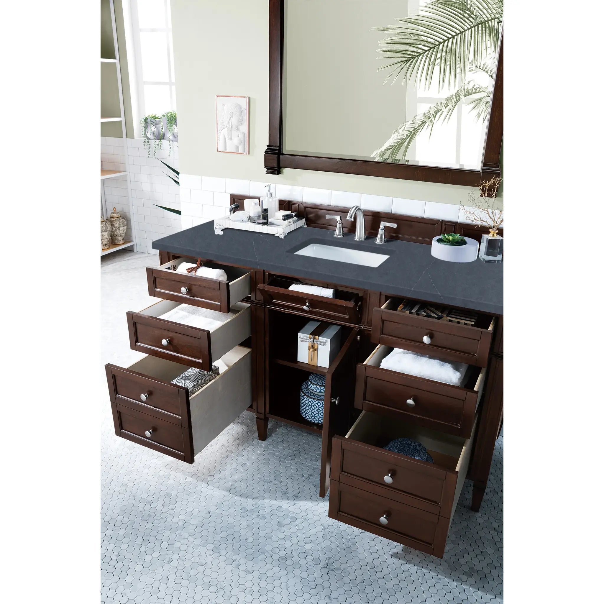 60" Brittany Single Vanity in Burnished Mahogany-Charcoal Soapstone Silestone-8" Widespread image 3